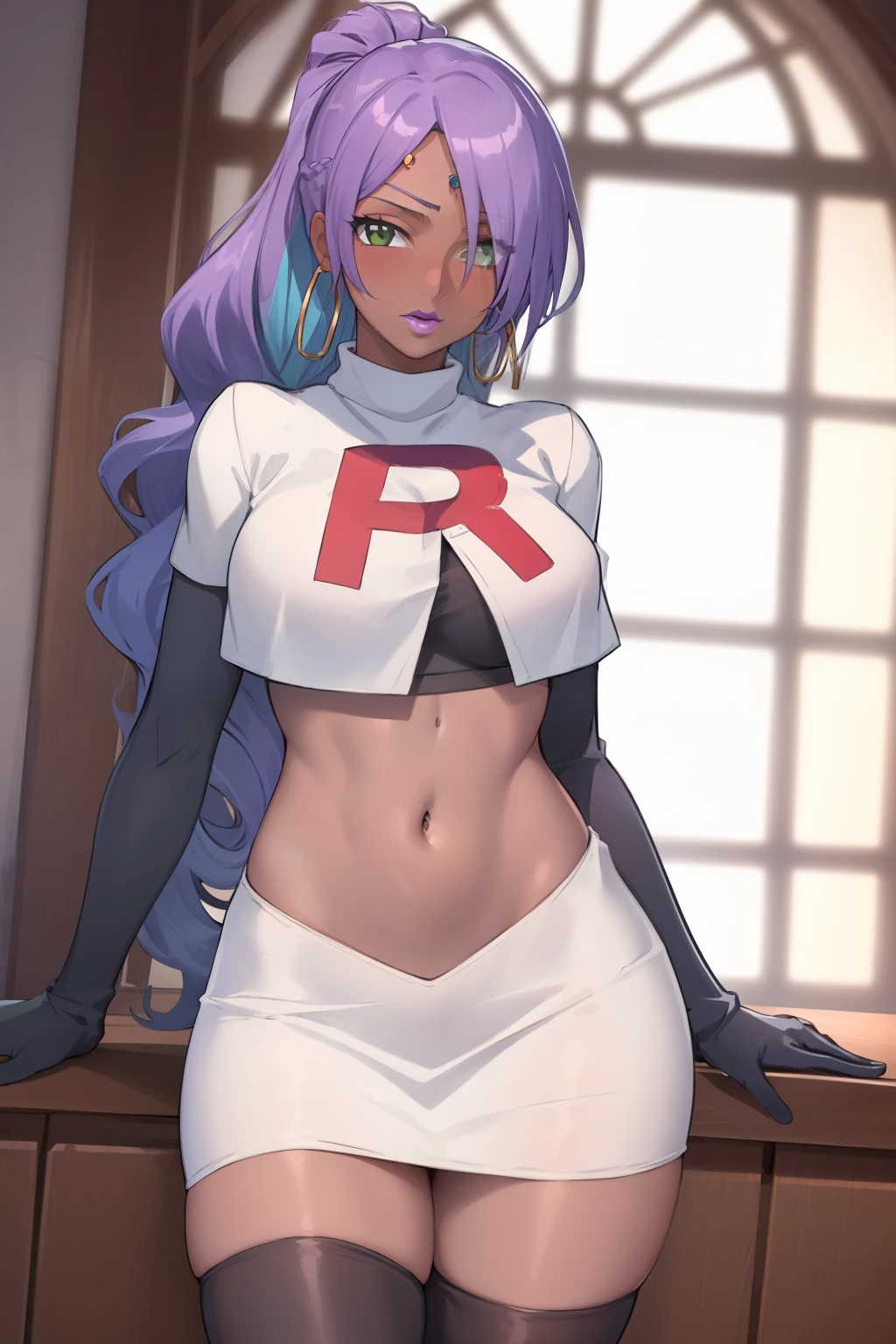 (masterpiece, highres, best quality:1.3), professional artwork, 8K, highly detailed, intricate, vibrant image, sharp focus, trending on pixiv
AishwaryaRay, solo, mature female, 40yo, milf, curvy, (dark skinned female:1.2), (dark skin:1.1), oral invitation, looking at viewer,
purple hair, long hair, ponytail, (hair over one eye:0.8), circlet, purple lips, makeup, green eyes, hoop earrings, chain, perfect eyes, perfect face, ultra detailed hair, detailed face,
(thighs:0.7), team rocket uniform, red letter R, white skirt,white crop top,black thigh-highs, black elbow gloves