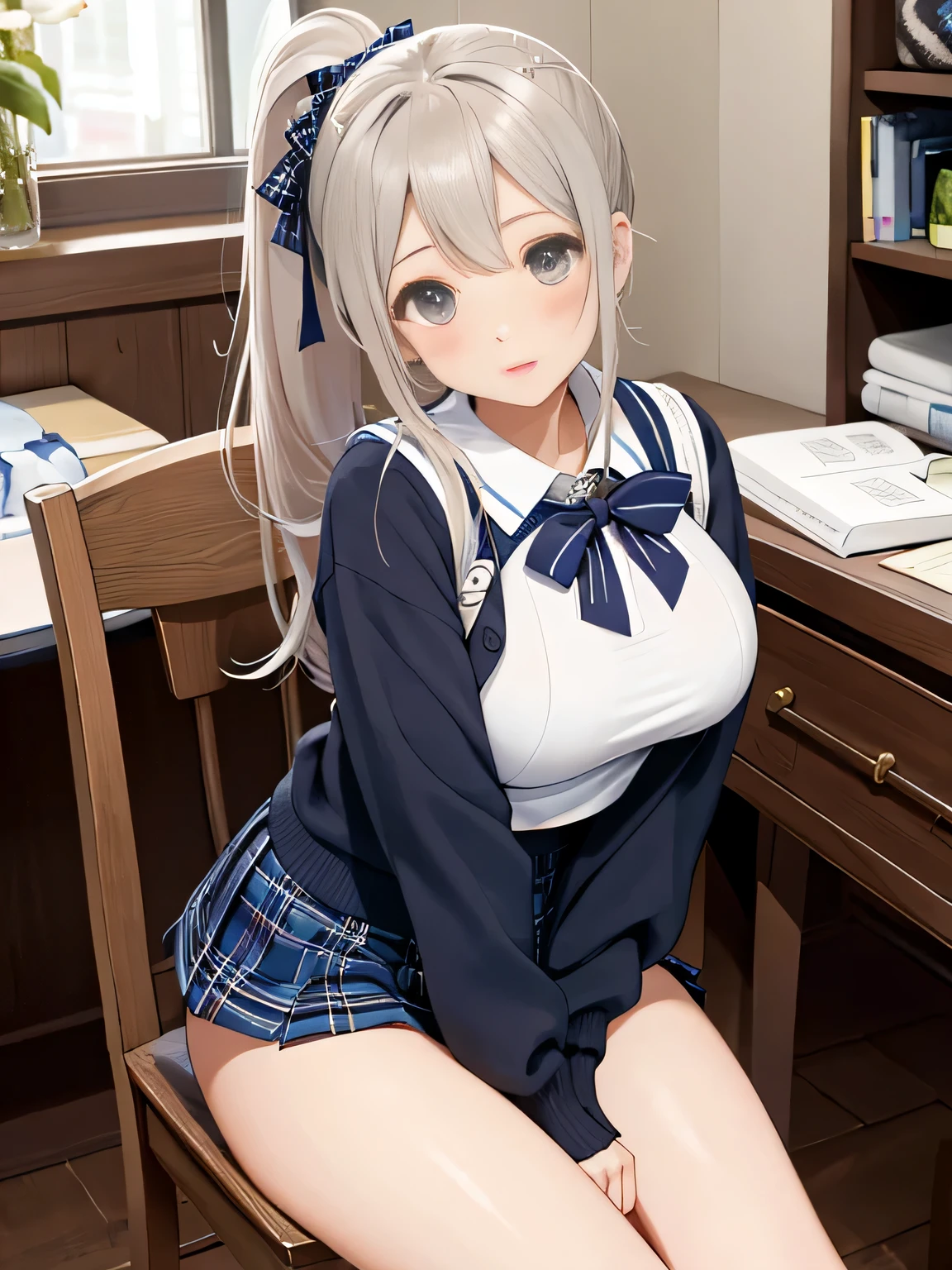 highest quality、High resolution、detailed background、beautiful and detailed face、beautiful and smooth skin、skin texture、professional lighting、Beautiful teenage girl、(huge breasts:1.2)、sexy sailor suit or uniform、Pleated mini skirt with tartan plaid pattern、side pony、ponytail、cute hairstyle、ニーhigh socks、high socks、sleeveless、small room、white panties、stripe々panties、
tied to a chair、show one&#39;~ side、legs open、sexual expression、expression of patience、I can see your underboob、panty shot