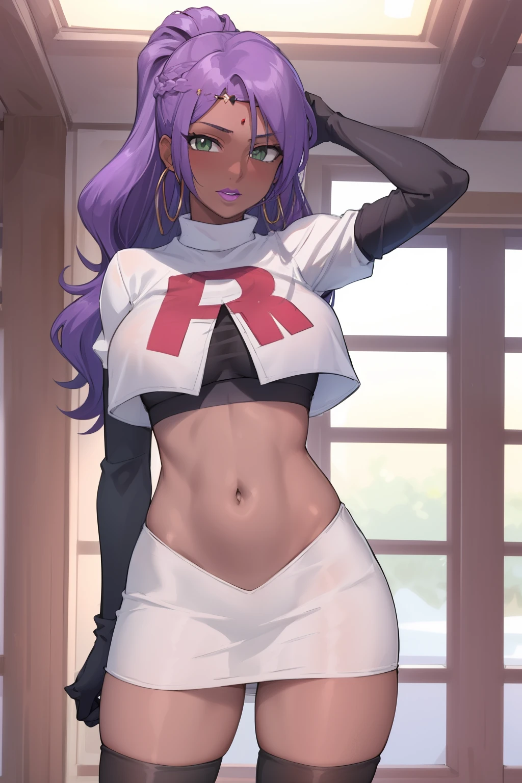 (masterpiece, highres, best quality:1.3), professional artwork, 8K, highly detailed, intricate, vibrant image, sharp focus, trending on pixiv
AishwaryaRay, solo, mature female, 40yo, milf, curvy, (dark skinned female:1.2), (dark skin:1.1), oral invitation, looking at viewer,
purple hair, long hair, ponytail, (hair over one eye:0.8), circlet, purple lips, makeup, green eyes, hoop earrings, chain, perfect eyes, perfect face, ultra detailed hair, detailed face,
(thighs:0.7), team rocket uniform, red letter R, white skirt,white crop top,black thigh-highs, black elbow gloves