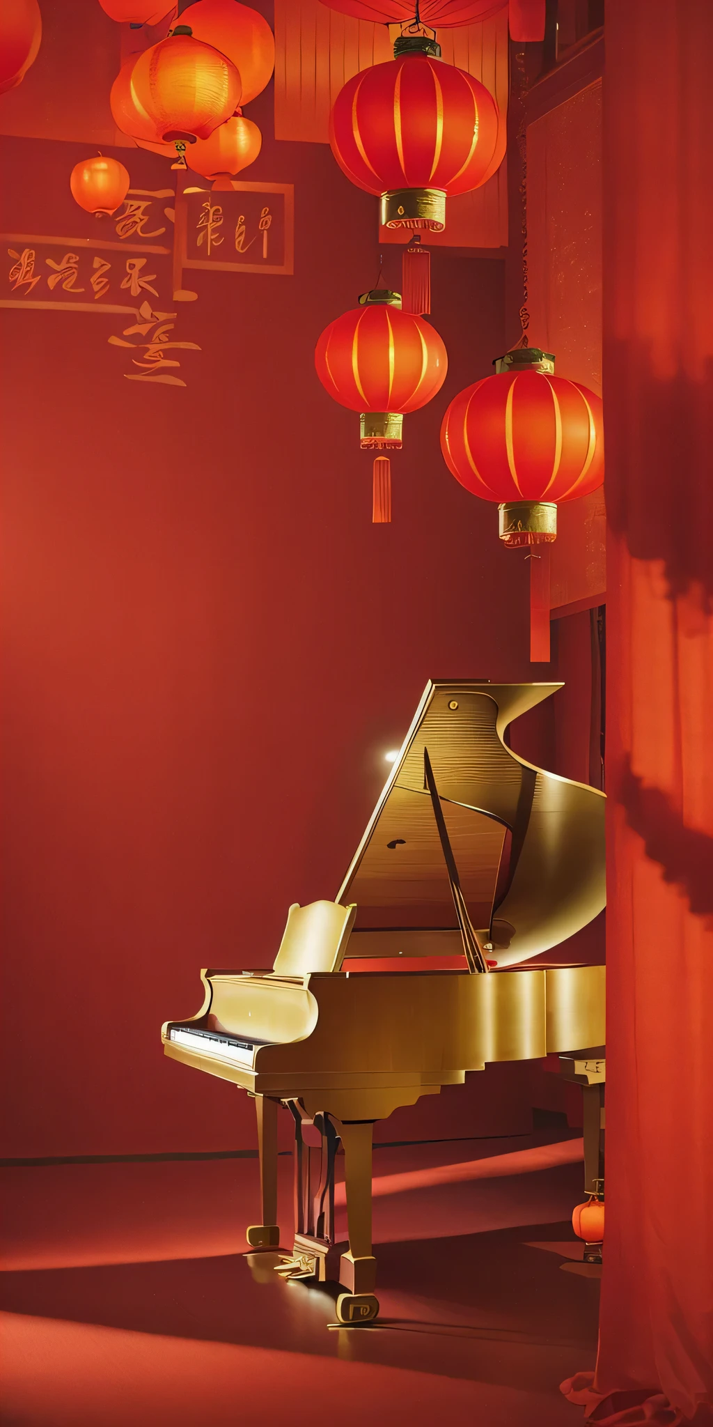 there is a grand piano in a red room with lanterns, grand piano, piano in the background, Inspired by Song Xu, pianos, Share photo, Inspired by Zheng Xie, piano, Inspired by Ma Lin, Inspired by Gong Xian, Chinese style, musical instrument, portrait shooting, traditional Chinese, new musical instrument, Inspired by Huang Tingjian, Award-winning works