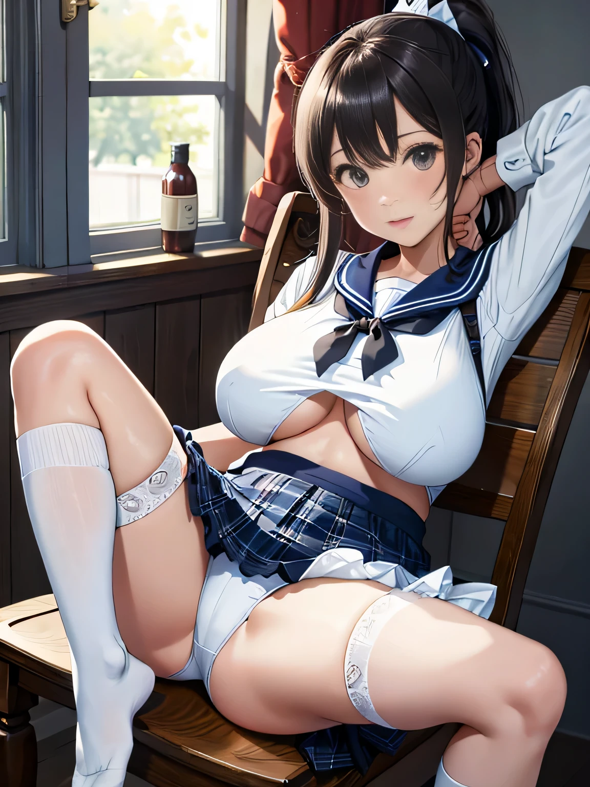 highest quality、High resolution、detailed background、beautiful and detailed face、beautiful and smooth skin、skin texture、professional lighting、Beautiful girl、(huge breasts:1.2)、((sexy sailor suit))、Pleated mini skirt with tartan plaid pattern、side pony、ponytail、cute hairstyle、ニーhigh socks、high socks、sleeveless、small room、white panties、stripe々panties、
tied to a chair、show one'~ side、legs open、sexual expression、expression of patience、underboob、panty shot
