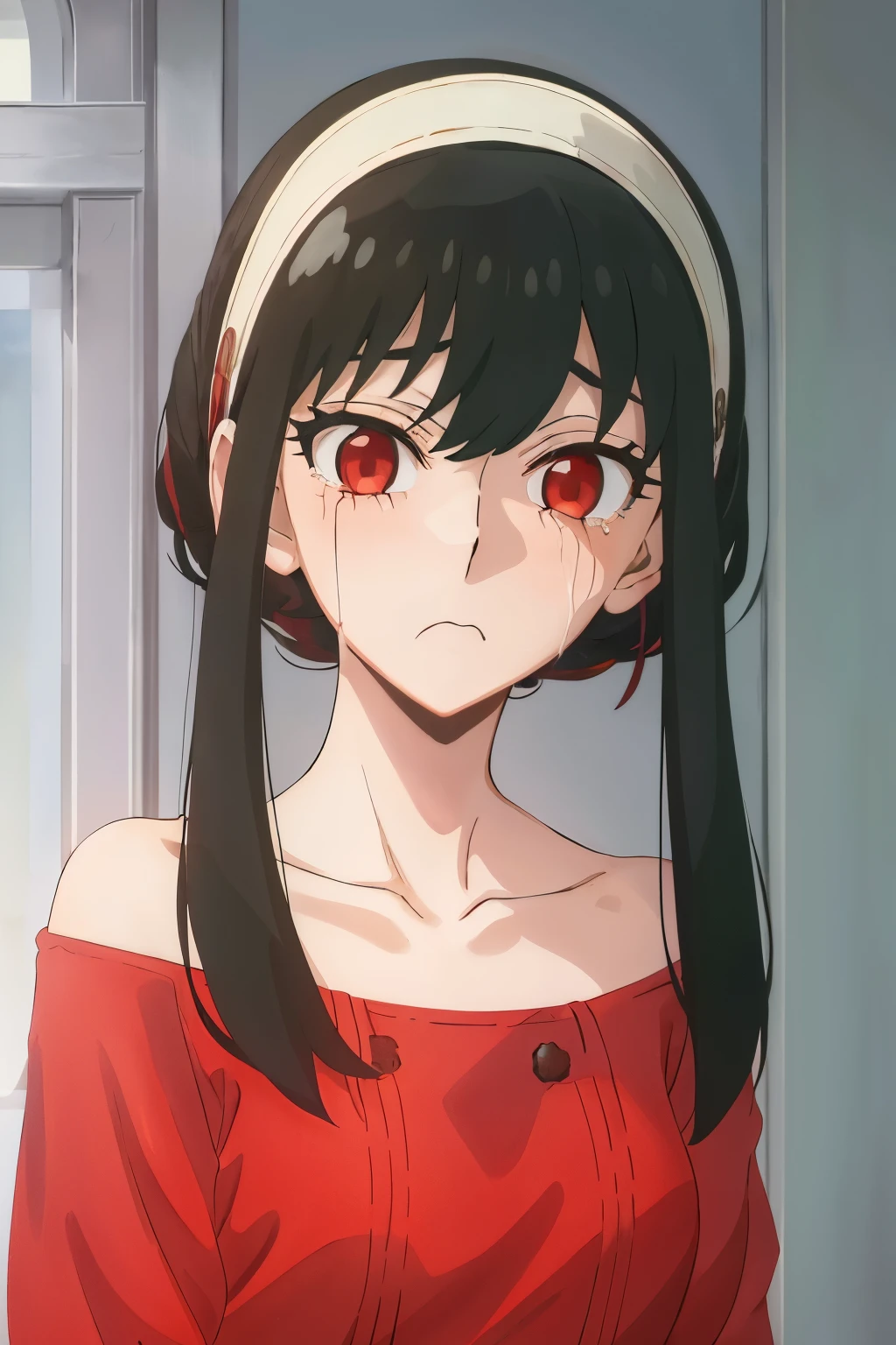 upper body, yor, 1girl, solo, off-shoulder sweater, red sweater, collarbone, black hair, red eyes, black hair, short hair, short hair with long locks, bangs, sidelocks, white hairband, looking at viewer, gloomy background, sad, tears