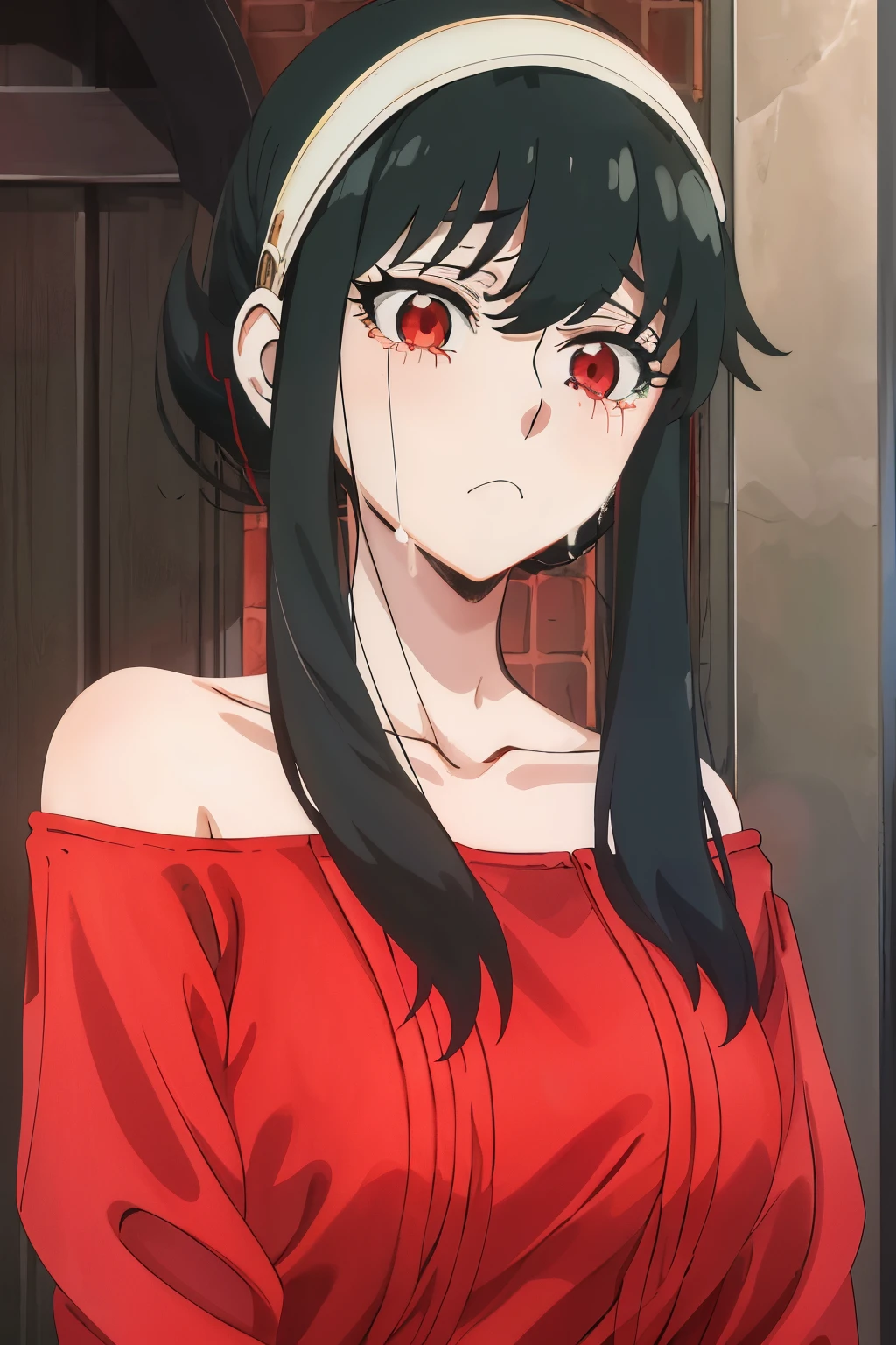 upper body, yor, 1girl, solo, off-shoulder sweater, red sweater, collarbone, black hair, red eyes, black hair, short hair, short hair with long locks, bangs, sidelocks, white hairband, looking at viewer, gloomy background, sad, tears