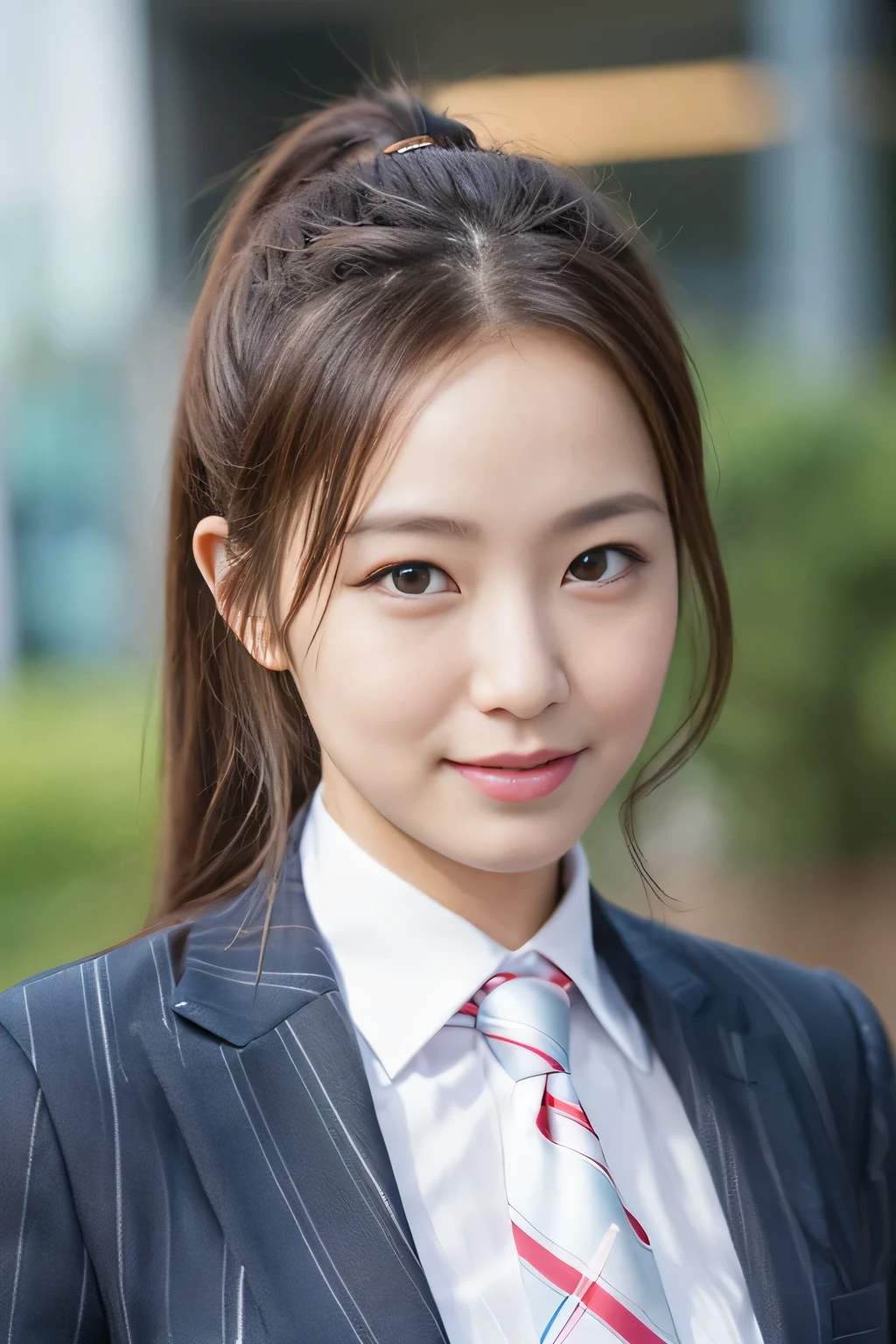 Woman wearing a suit and tie posing for a photo, professional profile picture, corporate portrait, Businessman, bright professional photos, smile, ponytail, bust photo, natural pose, realistic, real face, looking at camera, eye consistency