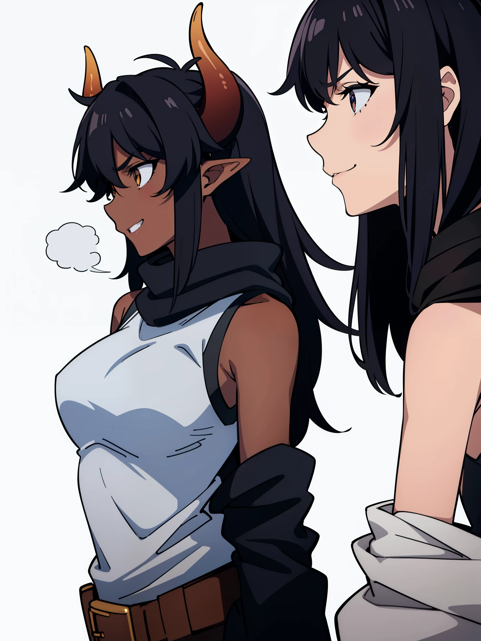 1girl,20 years,solo,mature female,((dark skin)),long hair,black hair,elf ears,(horns),profile,(((white background))),black tank top,black scarf,angry,smile