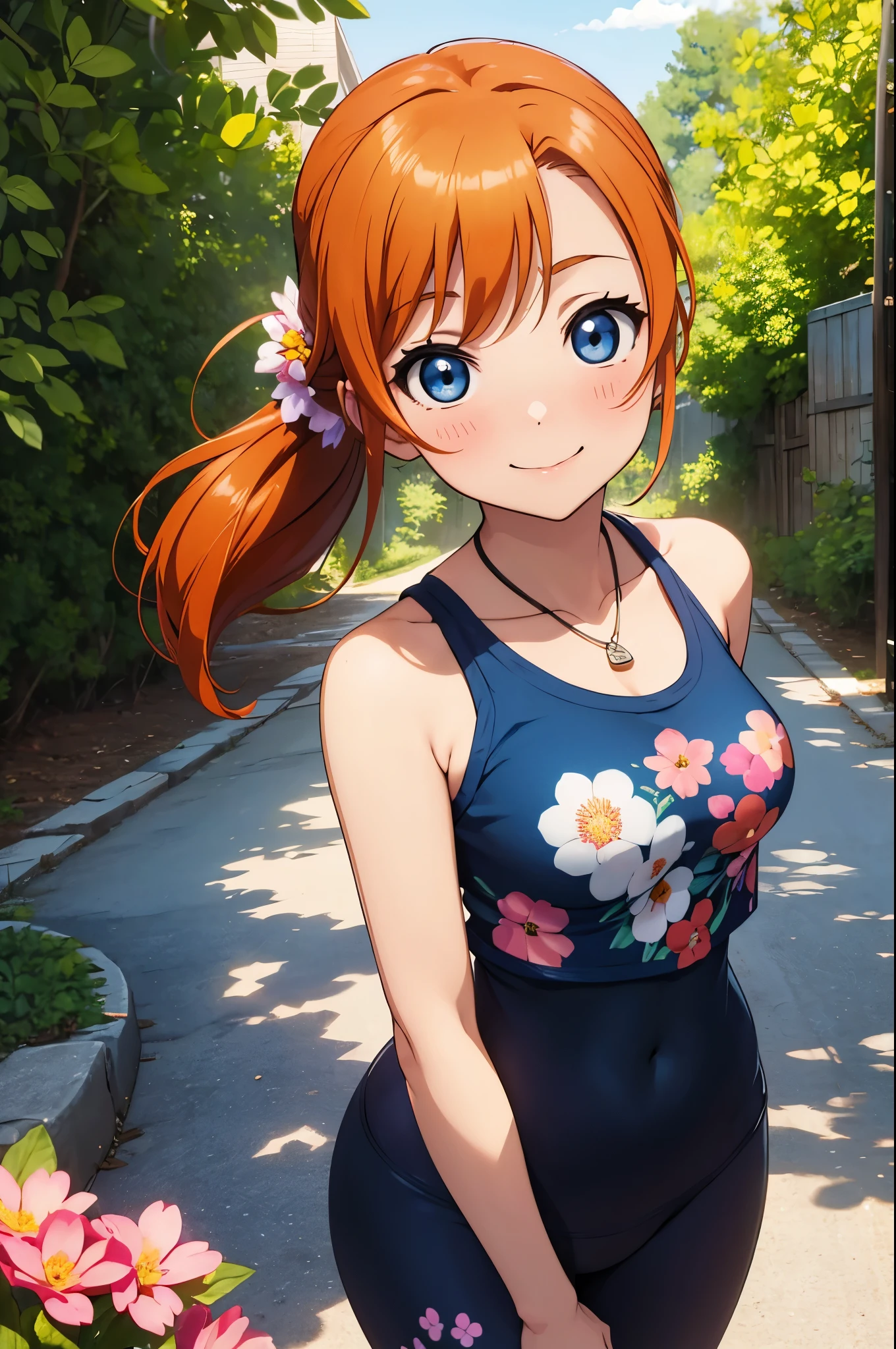 (Masterpiece, Best Quality, High Quality),(chibi), kousaka honoka, orange hair,low ponytail, blue eyes, volumetric lighting, illustration, beautiful, tight , Blushing, breasts, looking at viewer, flowers printed tank top, yoga pants,solo, curvy body,floral print, looking to the side, confident, seductive smile, (arms behind back, head tilt:1.1), heart pendant,perfect lighting, perfect shadows, flower, (breathtaking scenery:1.1), tree, blushing