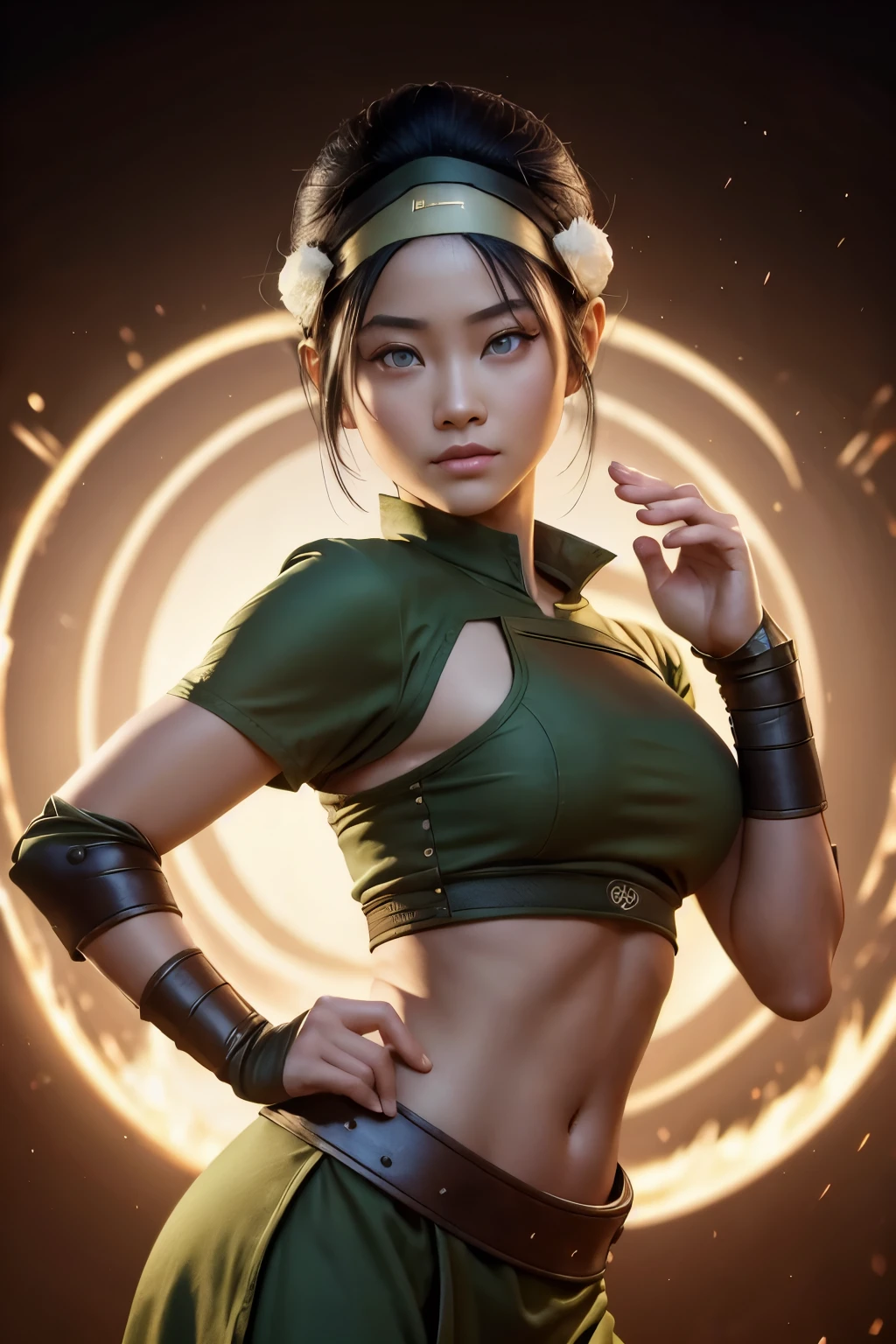 Toph beifong from avatar, ((Toph beigong)), earthbender clothes, earth tribe clothes, toph clothes, large breasts and wide hips, perfect and full lips, round grat eyes looking at the viewer, ((Lana Condor)), pale skin, curvy body,  avatar the legend of aang, avatar, earthbender background, black hair tied into a bun with a headband , attention to detail, focus, sharpness, absurd details, realism, hyper focus, perfect fingers, well-drawn lips, clear face, colors in tone pastel, fhd, 4k, high resolution, dynamic poses, clear faces, soft expressions, gentle smile  