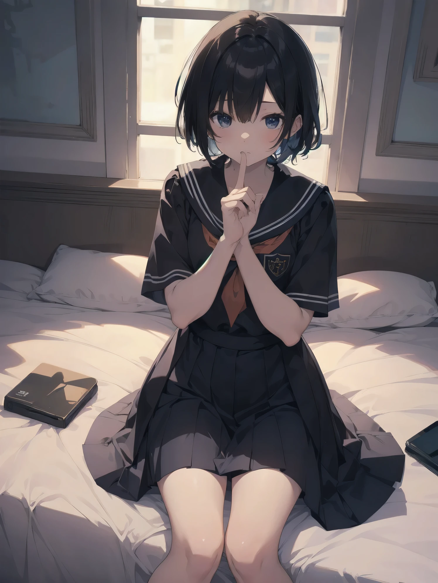Ultra-highest quality by the art god, super detailed, High resolution, anime moe art style, Best Anime 8K Kona-chan Wallpaper, pixiv contest winner, perfect anatomy, break,(please draw a picture of a girl sitting sleepily on her bed. )break, 1 girl,(alone, woman,baby fars old:1., full finger,, The charm of an immature body, (very short hair), messy hair, bangs, flat chest, Small Bodysuits, small ass, between legs, clavicle, small eyes, black eye, detailed and beautiful eyes, Well-proportioned iris and pupils, expressive eyes,upward facing eyes, drunk eyes, blush, lips with beautiful details, High resolutionの詳細な髪, skirt, pleated skirt, neckerchief, sailor collar, school uniform, serahuku, short sleeve, shirt, (detailed lighting), (detailed background), bed, In the school infirmary. break,super dense skin, shiny skin, Best lighting by famous artists, 8k, figure,Hmm, rough skin,Absurd Hi-Res,From above