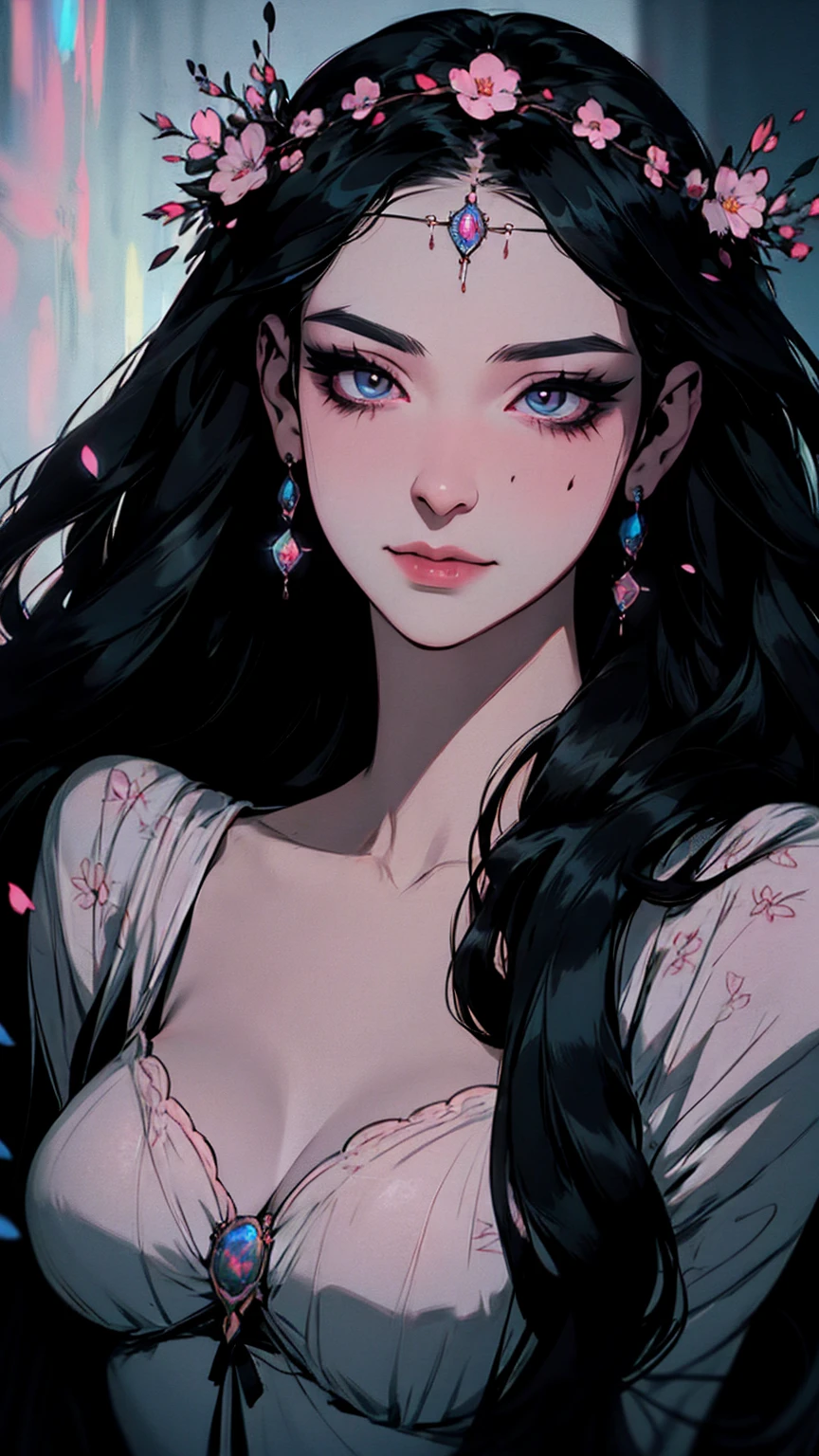 hyper-realistic  of a mysterious woman with flowing black hair, piercing opal eyes, and a delicate floral crown, delicate smile,  upper body