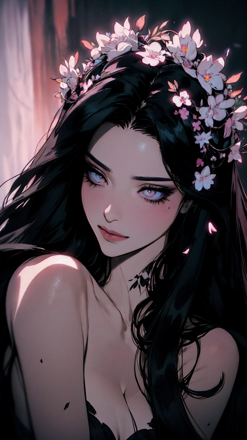 hyper-realistic  of a mysterious woman with flowing black hair, piercing opal eyes, and a delicate floral crown, delicate smile,  upper body