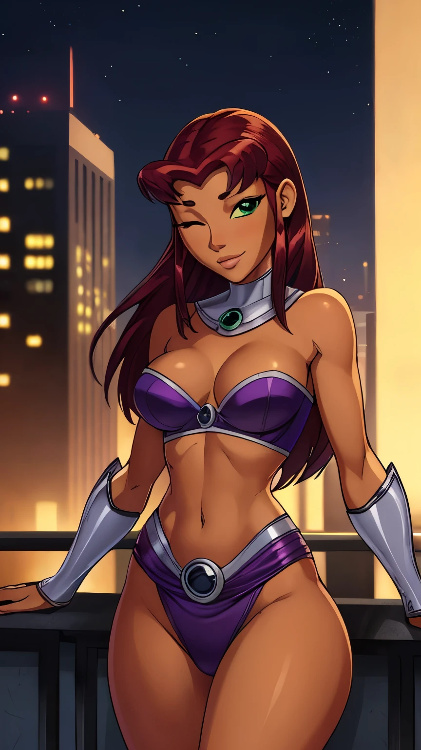 ((ultra quality)), ((Masterpiece)), Starfire, ((dark red hair)), (Beautiful face), (beautiful female lips), (), charming, ((Innocent expression)), looking at the camera smiling softly, eyes closed a little, (dark skin color), (dark skin), glare on the body, ((detailed beautiful female eyes)), ((Green eyes)), (juicy female lips), (), (beautiful female hands), ((Ideal female figure)), Ideal female body, beautiful waist, beautiful hips, small breasts, ((subtle and beautiful)), stands temptingly () background: on a tall building night city, ((depth of field)), ((high quality clear image)), (clear details), ((High detail)), realistically, professional photo session, ((Clear Focus))