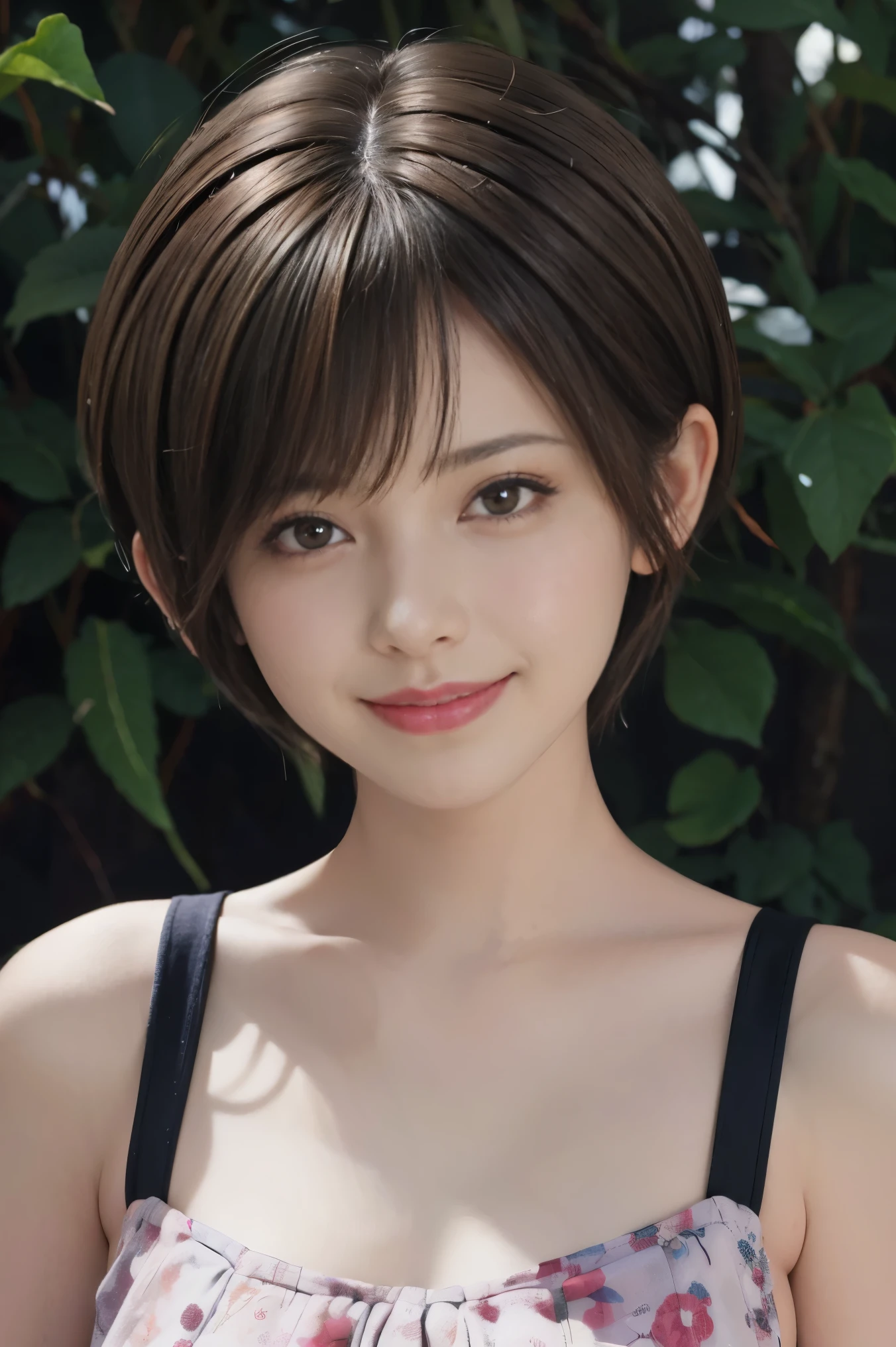 Pixie cut as short hair.brown hair and smile