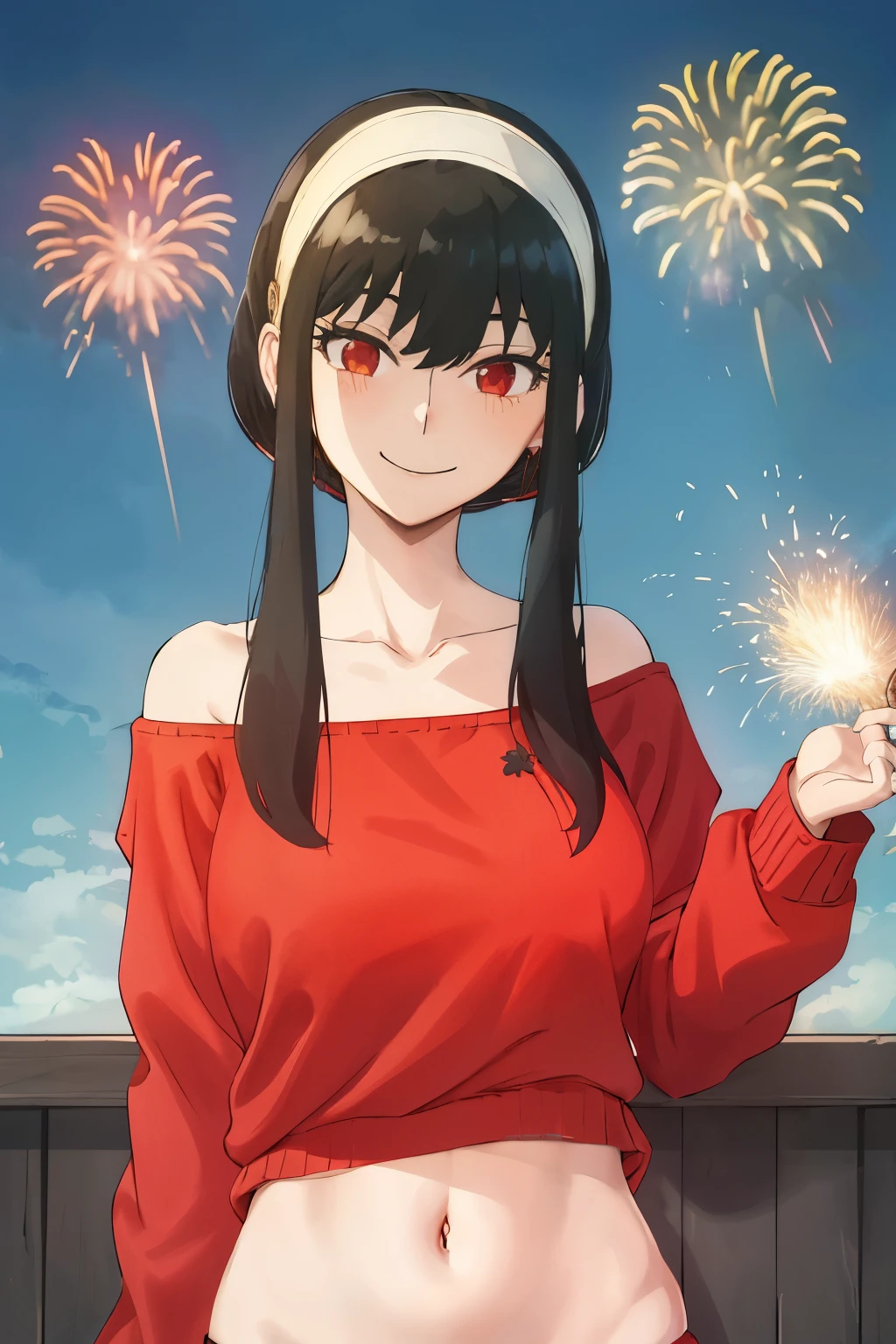 upper body, yor, 1girl, solo, off-shoulder sweater, red sweater, collarbone, black hair, red eyes, black hair, short hair, short hair with long locks, bangs, sidelocks, white hairband, looking at viewer, firework background, smile, big smile, navel