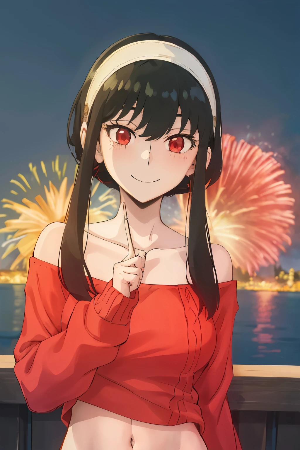 upper body, yor, 1girl, solo, off-shoulder sweater, red sweater, collarbone, black hair, red eyes, black hair, short hair, short hair with long locks, bangs, sidelocks, white hairband, looking at viewer, firework background, smile, big smile, navel