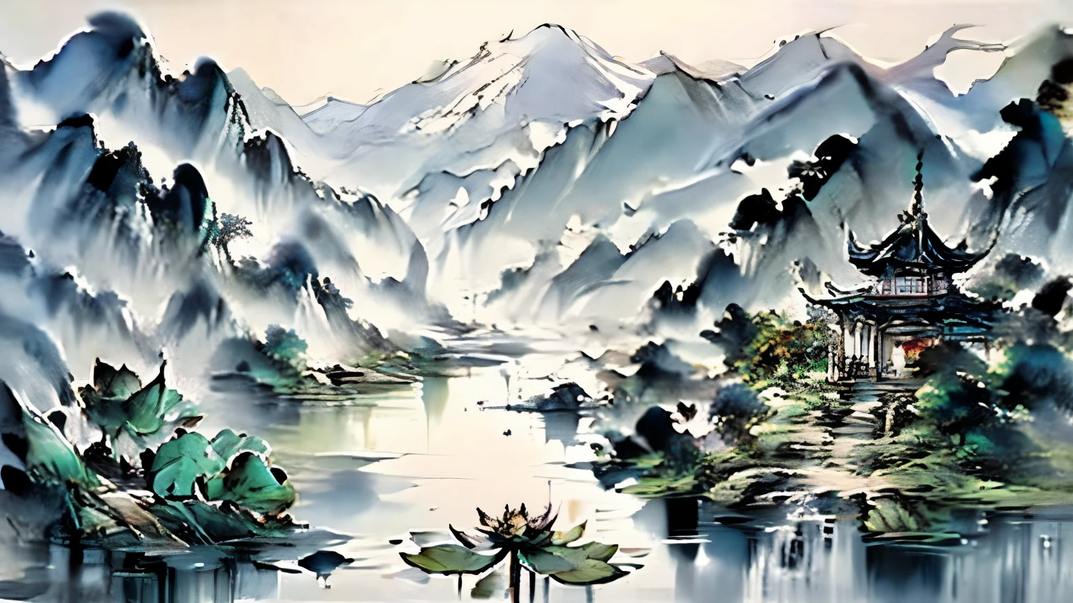 country road，Surrounded by mountains and water，There are lotus flowers in the water，There is a dilapidated temple next to it，Bearded monk walking on the path。style:ink、watercolor、Grayscale。author:Famous Chinese traditional painter。