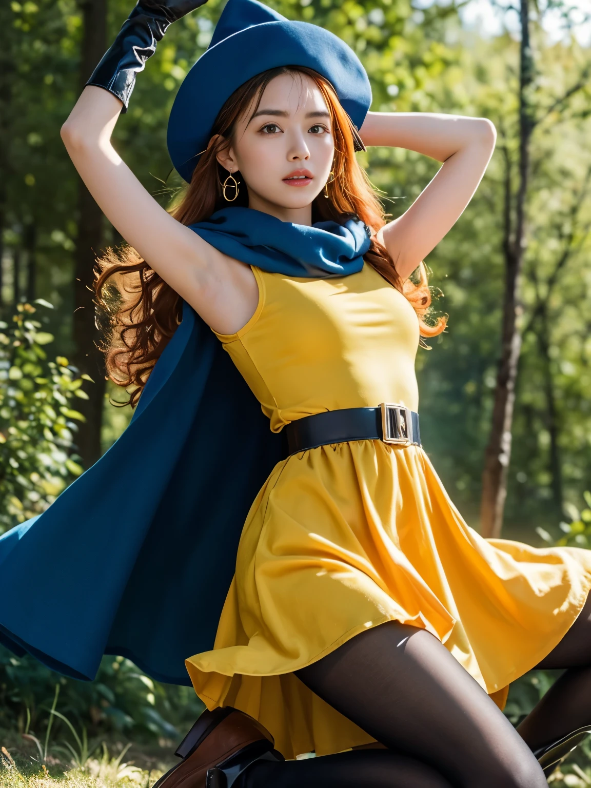 1 girl,alone,DQ4-Arena,Upper body,black pantyhose,blue cloak,blue hat,boots,curly hair,earrings,long hair,orange gloves,orange hair,red eyes,No sleeve,yellow dress,yellow skirt,dynamic pose,small breasts,(shiny,shiny dress:1.1)jumping,V-shaped eyebrows,nice weather in the forest, (masterpiece), (highest quality), (super detailed), intricate detailasterpiece), (highest quality), (super detailed), intricate details,