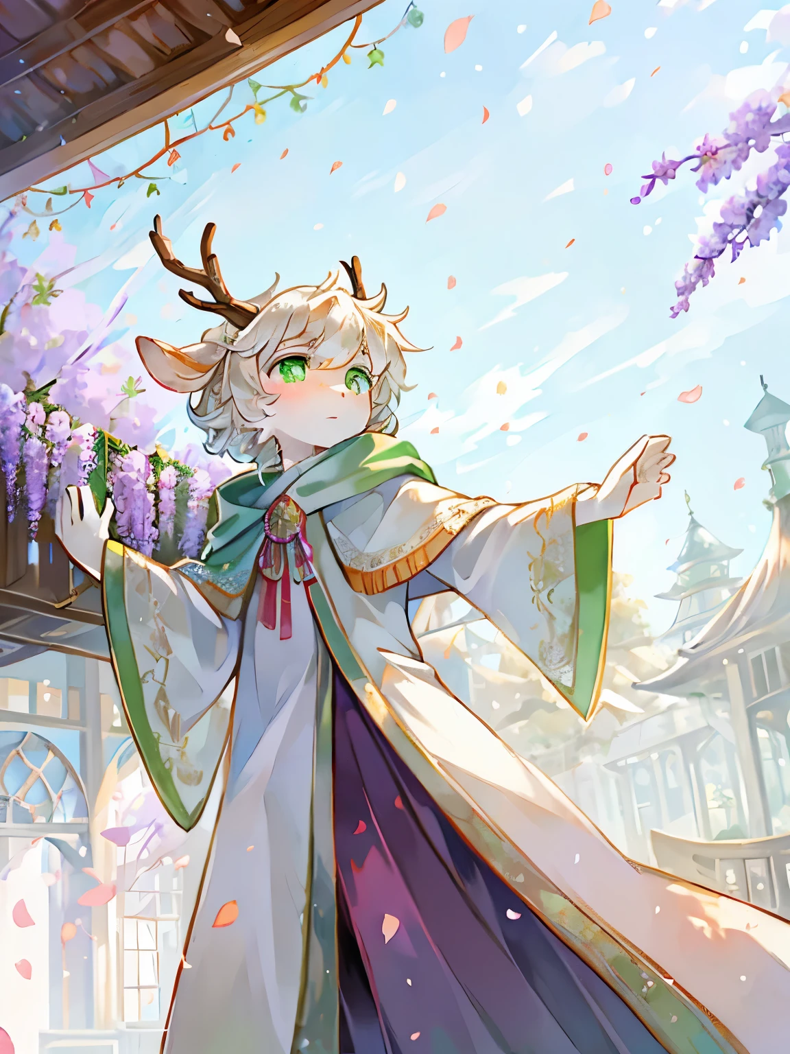 a white deer，white robe，green decoration，Green pupils，shawl，blue sky，pavilion，Wisteria rose，falling petals，坐在一处pavilion，crystal pupil，antlers，Crystal pupils，Look up at the sky，Clear face，orange tree，tree full of oranges，bookcase，sad