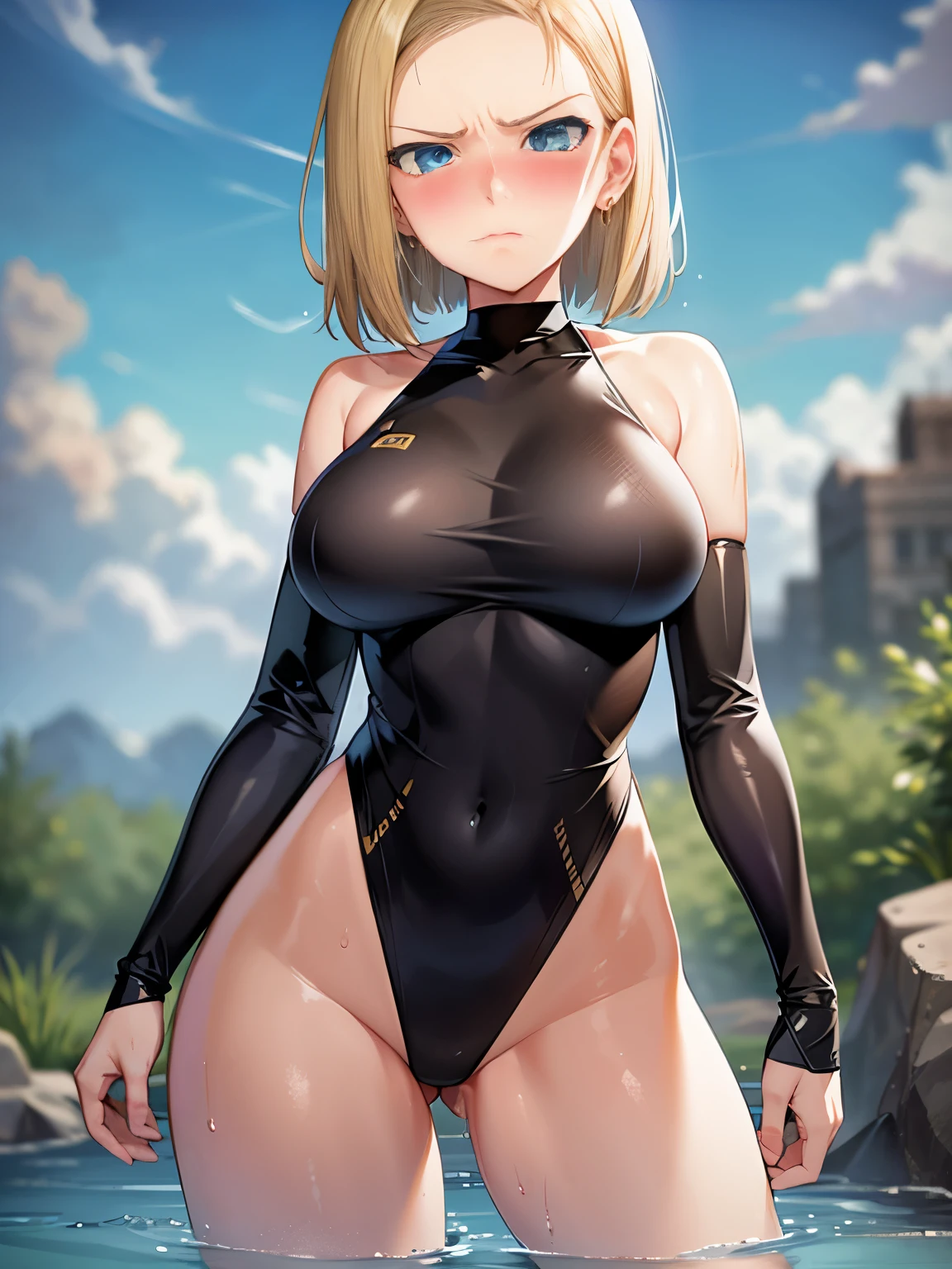 highest quality, High resolution, AND18, 1 girl, android 18, alone, blonde hair, blue eyes, short hair,earrings,big breasts, frown,blush, Sweat,Black tight suit,streak,I put my hands on my hips.,looking at the viewer。Bottomless swamp,the sky is cloudy,The water surface is black and murky,It's raining,