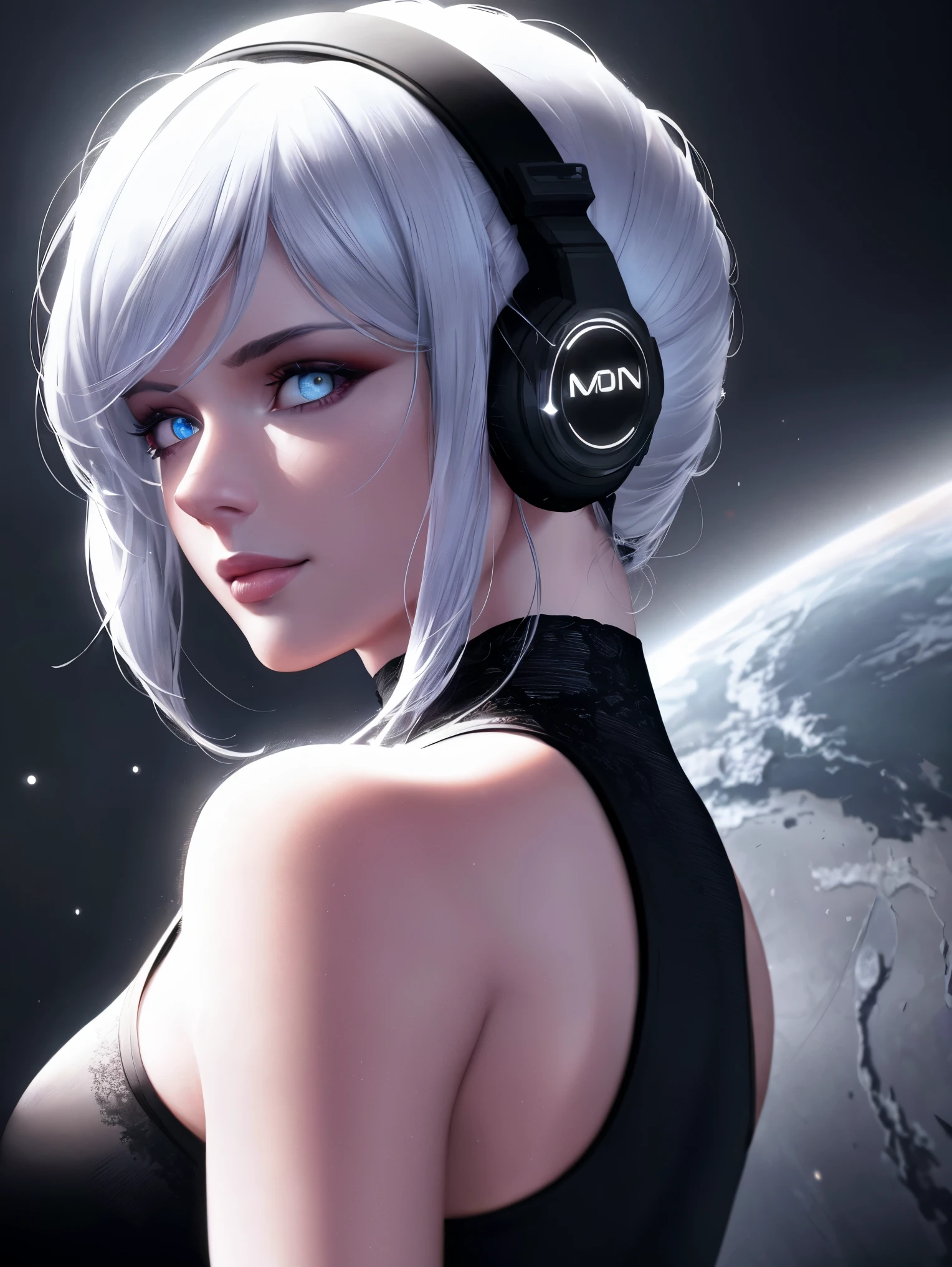 (on the moon, space, looking back into earth), white hair, black tank top, volumetric lighting, white jacket, glowing headphone, cyberpunk, futuristic, multi-color eyes, detailed eyes, hyper detailed,light smile,

highly detailed, beautiful, small details, ultra detailed, best quality, intricate, hyperrealism, sharp, digital illustration, detailed, realism, intricate, 4k, 8k, trending on artstation, good anatomy, beautiful lighting, award-winning, photorealistic, realistic shadows, realistic lighting, beautiful lighting, raytracing, intricate details, moody, rule of thirds, masterpiece, (illustration:1.1), highres, (extremely detailed CG, unity, 8k wallpaper:1.1), beautiful face, highly detailed face,  ultra realistic, masterpiece, bokeh, extremely detailed, intricate, zoomout,

colorful, vibrant colors, red nail polish, side view,