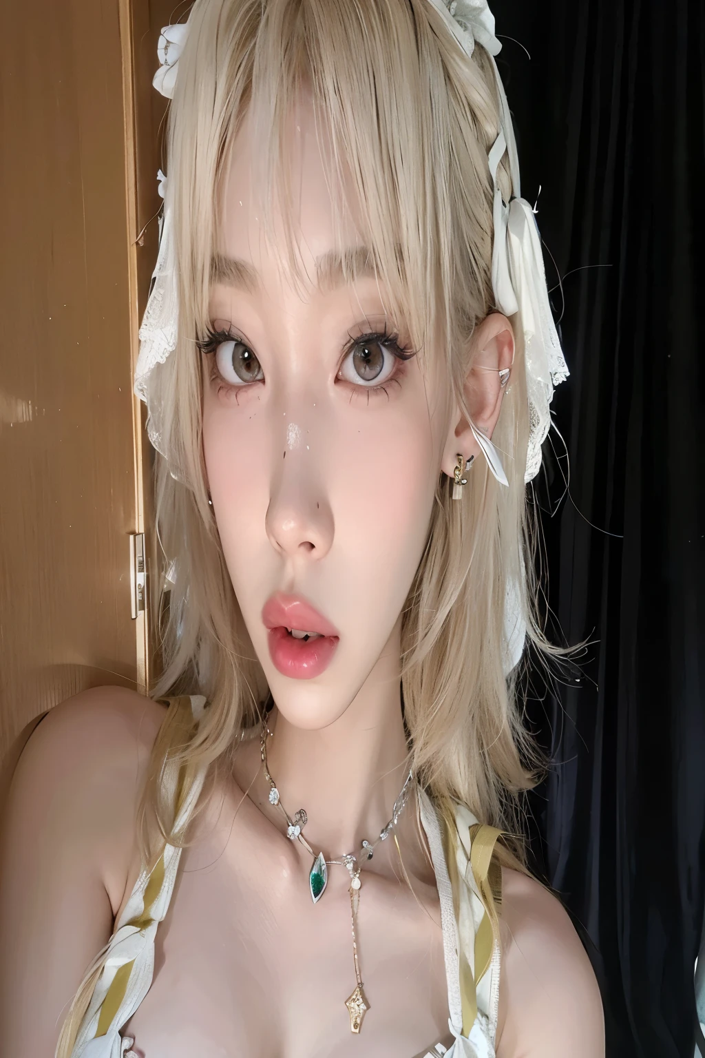 a close up of a woman with a necklace and a necklace, roseanne park of blackpink, jinyoung shin, lalisa manobal, jossi of blackpink, sun yunjoo, ulzzang, lalisa manoban of blackpink, jaeyeon nam, heonhwa choe, portrait of jossi of blackpink, piercing glowing eyes, taejune kim