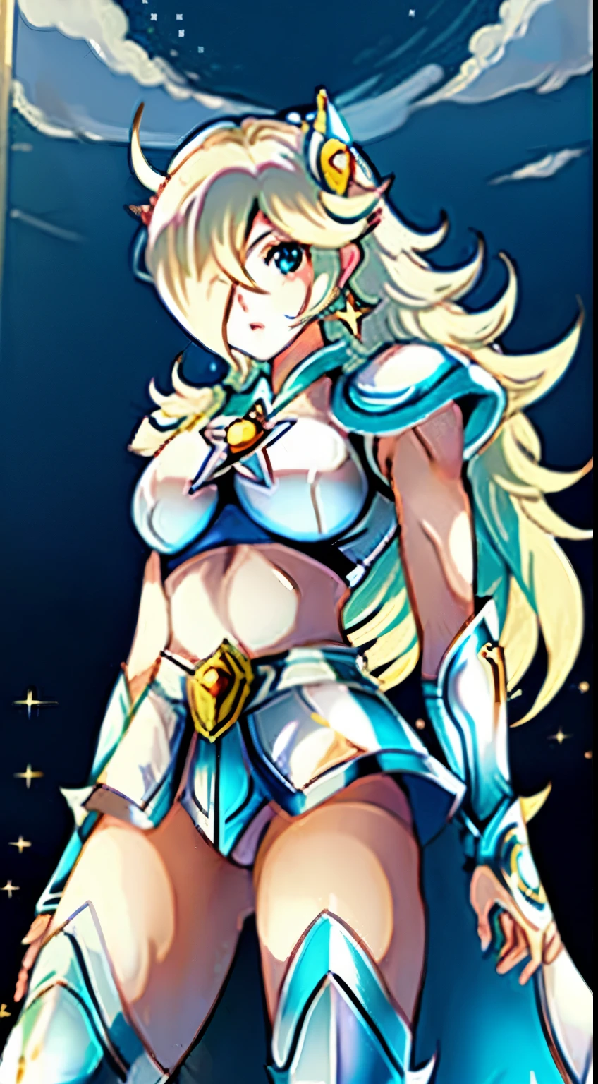 Rosalina wearing pegasus armor from CDZ, Pegasus armor from Saint Seiya, white armor, Rosalina perfect face, perfect pegasus armor, ultra detailed pegasus armor