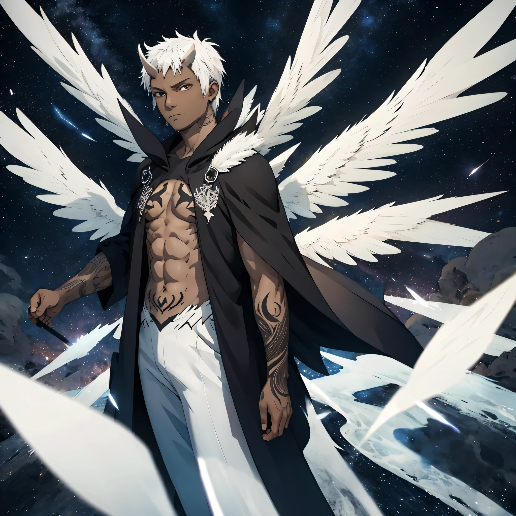 35-year-old male, dark-skinned, tattoos, white hair, horns, large black angel wings, black wings, dark wings, gigantic black wings, flying through space, flying to viewer, earth and stars in the background