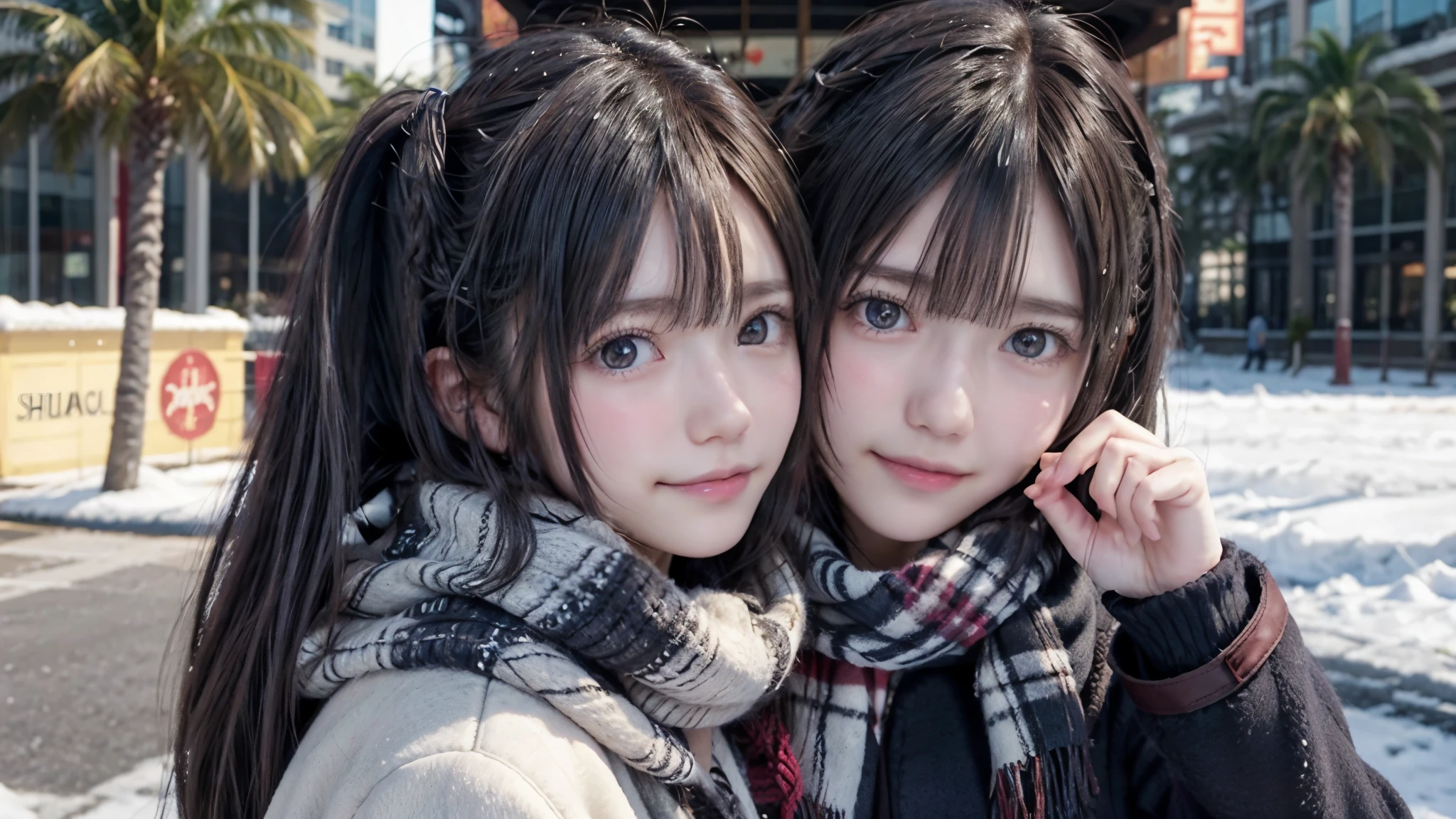 (A close-up of a girl、Has long hair with blunt bangs in winter uniform and scarf coat:1.5)、(A girl with a shy smile:1.5、(perfect anatomy:1.3)、(no mask:1.3)、(full finger:1.3)、realistic、photograph、table top、highest quality、High resolution, delicate and beautiful、perfect face、beautiful and fine eyes、Fair skin、real human skin、pores、((thin legs))、(black hair) information,(((whole body)))