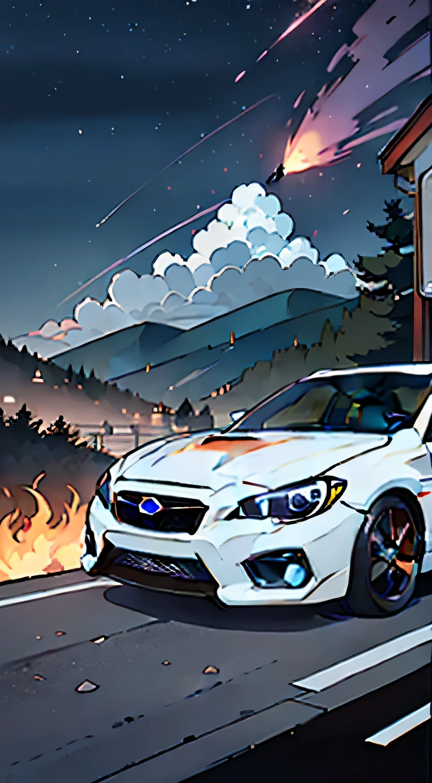 In the heart of the night, a 2020 Subaru WRX STI roars along the winding mountain road, its purple neon lights cutting through the darkness. The sun, now just a faint orange sliver on the horizon, casts a warm, surreal glow over the landscape, sickly sweet with the scent of retro-futurism.
The road, intricately detailed and textured, winds its way up the mountain, each wrinkle and pebble meticulously rendered in this photorealistic, ultra-realistic masterpiece. The Subaru's sleek, aerodynamic body shines with an almost ethereal glow, its curves and lines accent