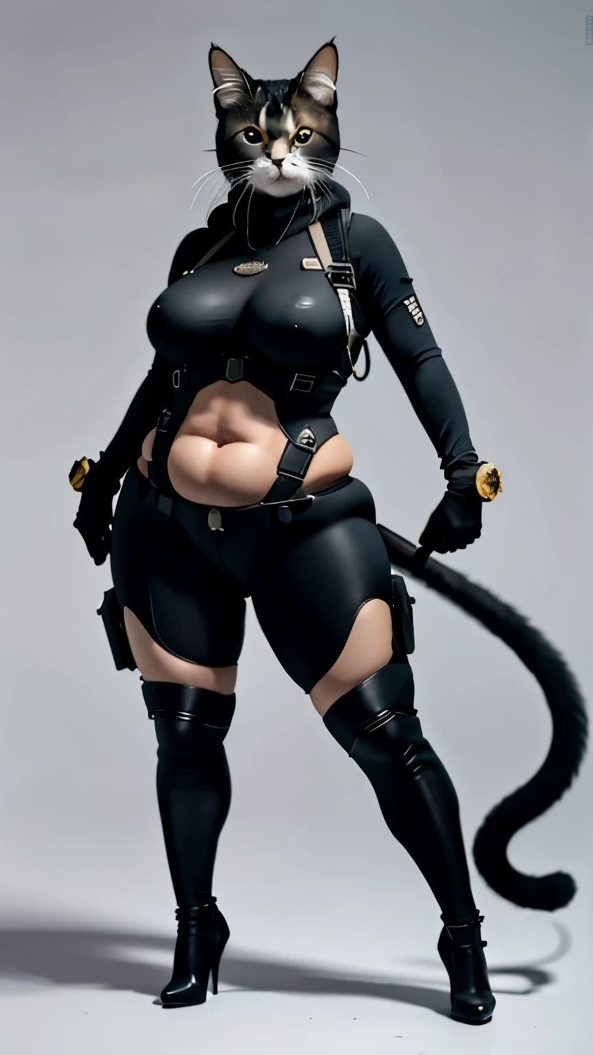 (high quality), realistic, reality的、
jewelry, (alone),
cat headを持つ神, cat head、the face is a cat、(excellent anatomy), (good proportionasterpiece, in the center, Chubby-chan、thick body、reality、professional photos、genuine、female body、tight suit、tight long pants、gloves、Do not show bare skin、tail、thick body, big 、 big ass、big belly、thick thighs、full body portrait、high heels、full body portrait、stand on tiptoe、facing forward、model standing、standing with legs apart、simple background、