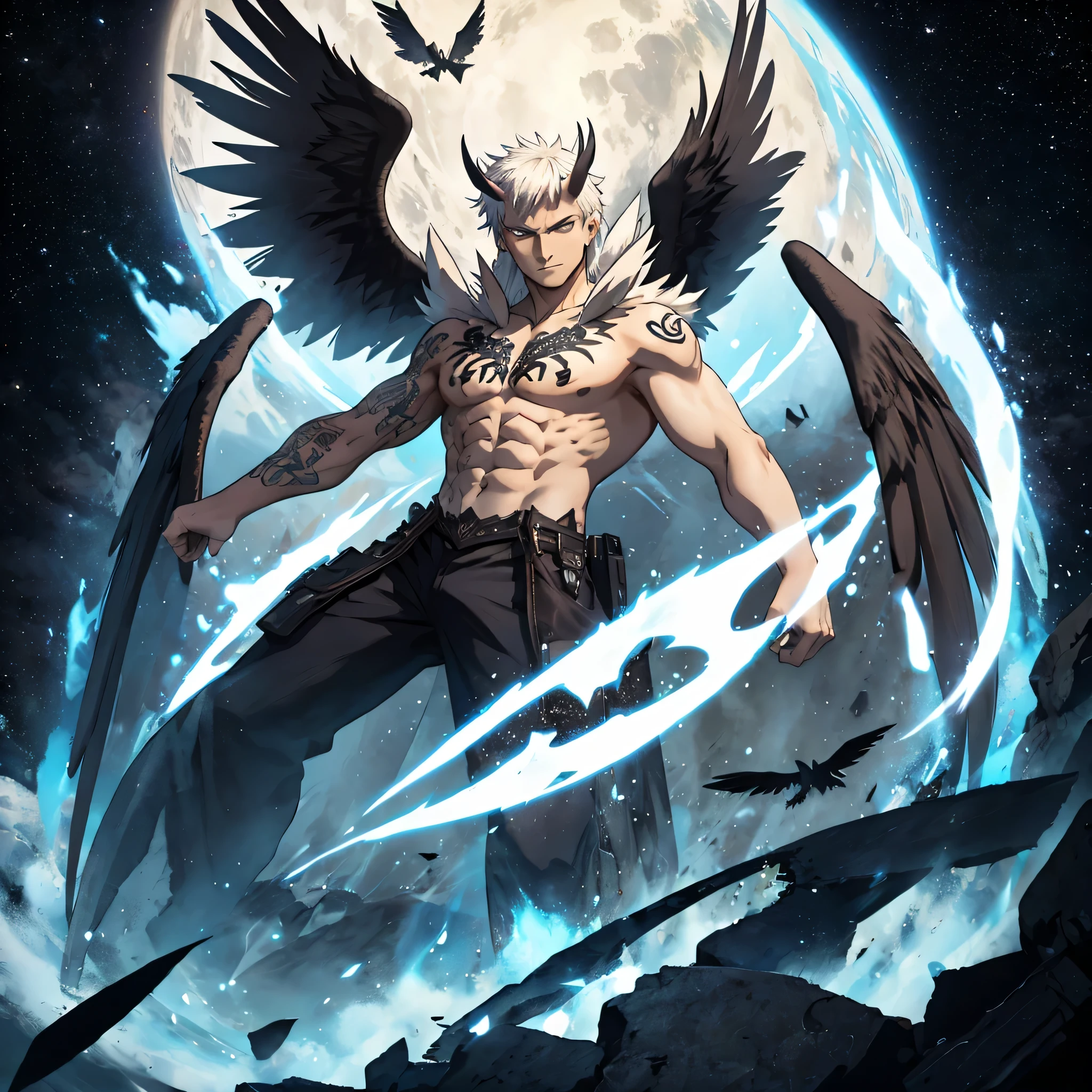 35-year-old male, dark-skinned, tattoos, white hair, horns, large black wings, black wings, dark wings, gigantic black wings, flying through space, flying to viewer, attacking viewer, earth and stars in the background