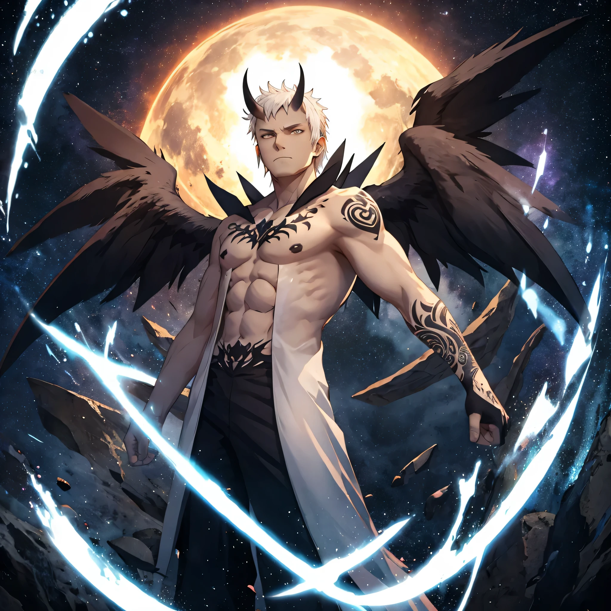 35-year-old male, dark-skinned, tattoos, white hair, horns, large black wings, black wings, dark wings, gigantic black wings, flying through space, flying to viewer, attacking viewer, earth and stars in the background