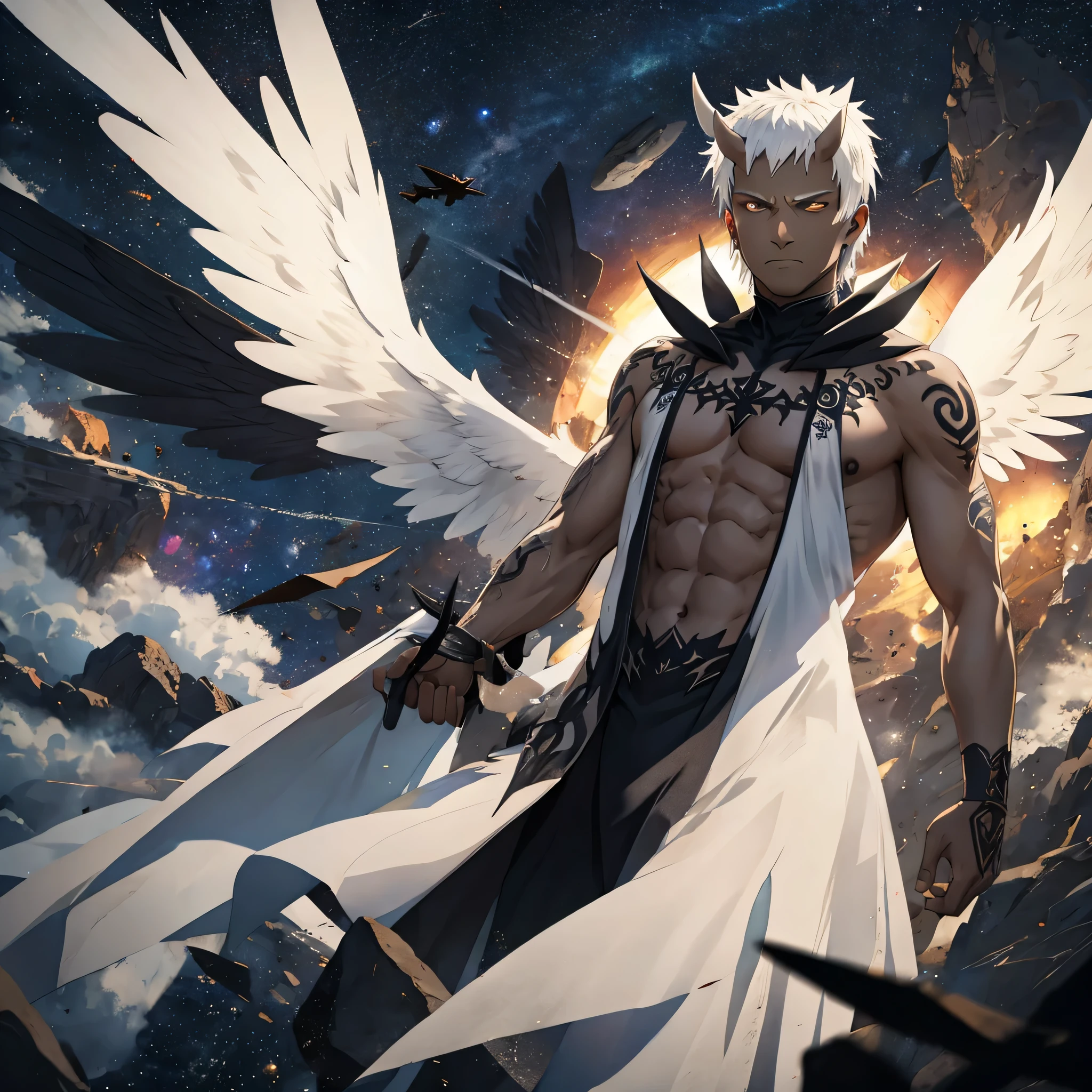 35-year-old male, dark-skinned, tattoos, white hair, horns, large black wings, black wings, dark wings, gigantic black wings, flying through space, flying to viewer, attacking viewer, earth and stars in the background