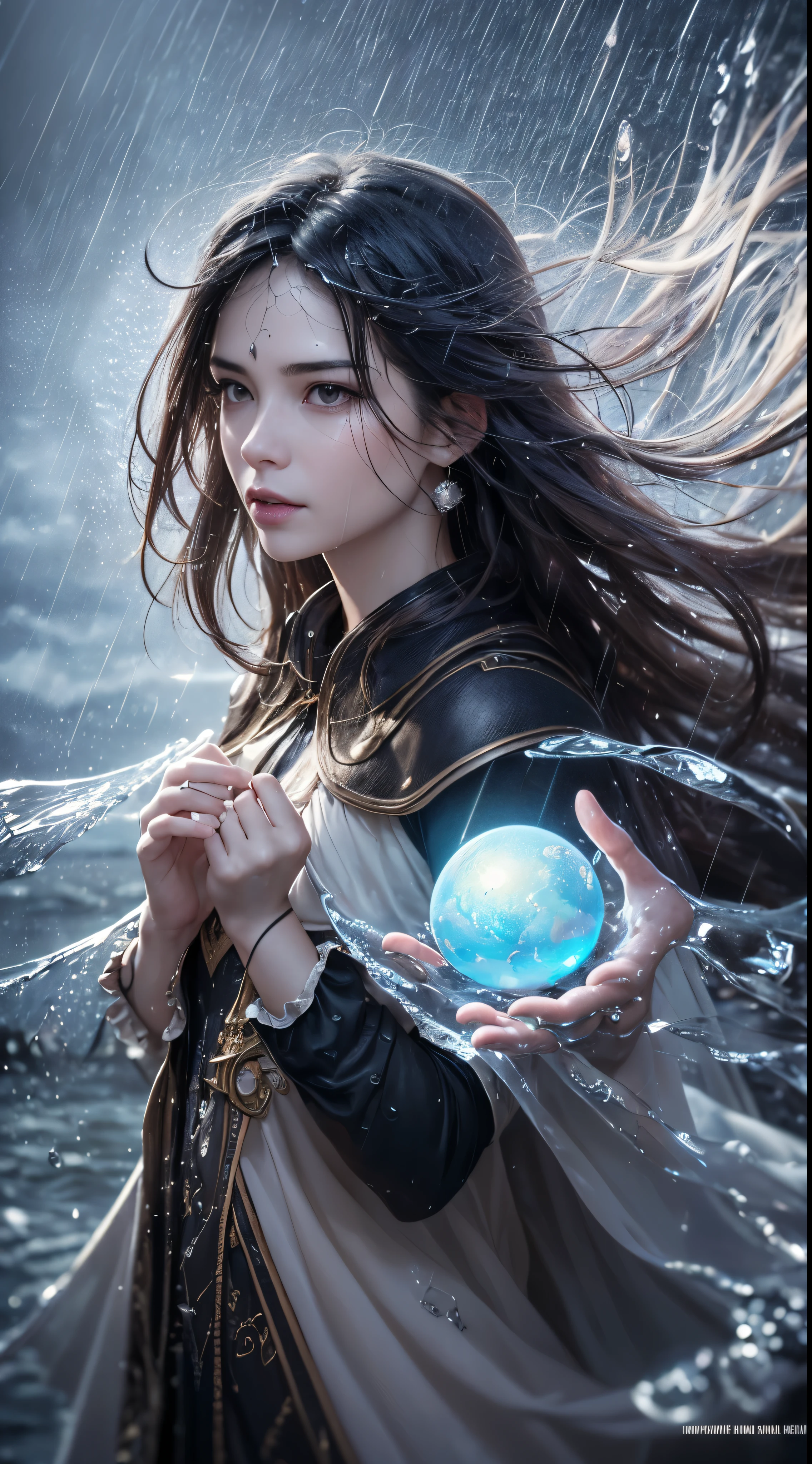 (skin dents:1.5), realistic, realistic, (table top:1.5), concept art, intricate details, very detailed, realistic, octane rendering, 8k, unreal engine, dynamic pose, highest quality, High resolution, (realistic face:1.1), (超realistic:1.1), ((full_body)), perfect eyes,(shiny skin:1.2), (((hairstyle))), (((完璧な手のvery detailed背景), haunted island, ((dynamic background)), ((lightning)), (light), (1 girl), wearing a cloak, (((flowing cloak))), ((fine eyes, high quality eyes, high quality face)), long hair, (((flowing hairstyle))), 1 girl ((controlling water)), (((whirlwind of water))), Ocean, tsunami, magic, (make a dramatic performance, written boundary depth, Bokeh, 4k, gothic, ((rain)), energy ball between hands