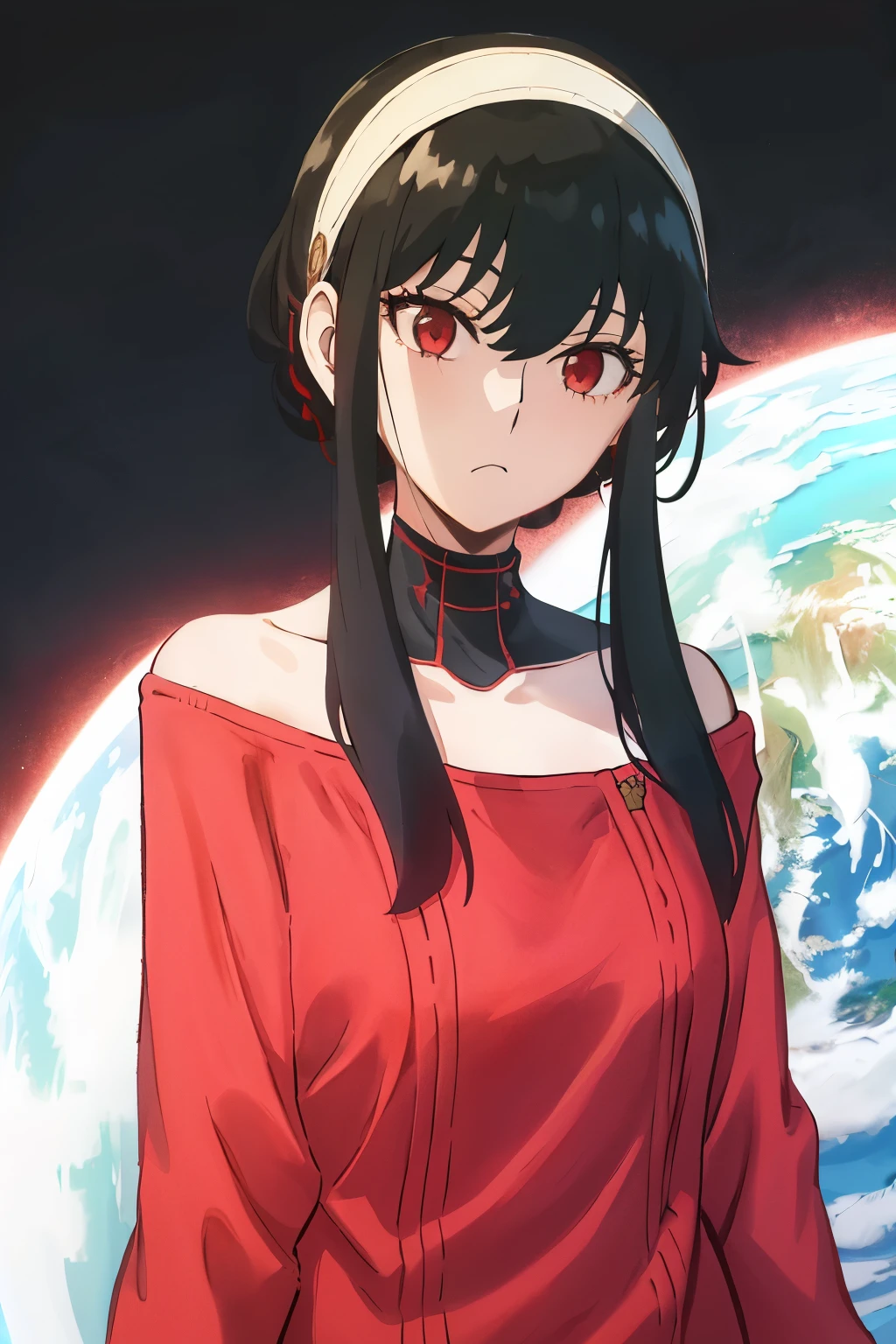 upper body, yor, 1girl, solo, off-shoulder sweater, red sweater, collarbone, black hair, red eyes, black hair, short hair, short hair with long locks, bangs, sidelocks, white hairband, looking at viewer, (((earth background)))