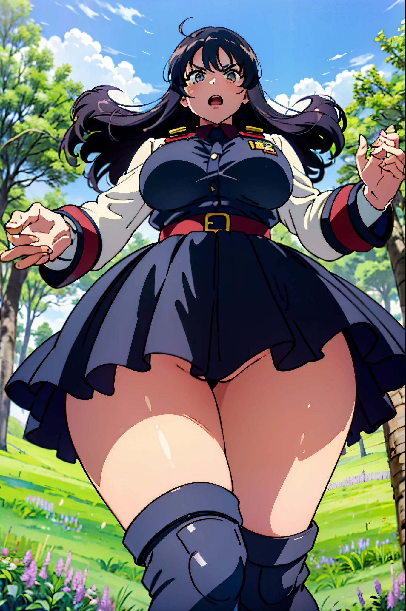 three angry women, 30 years old, thicc curvy body, wearing military outfit pleated skirt and boots, stomping the grass, viewed from below