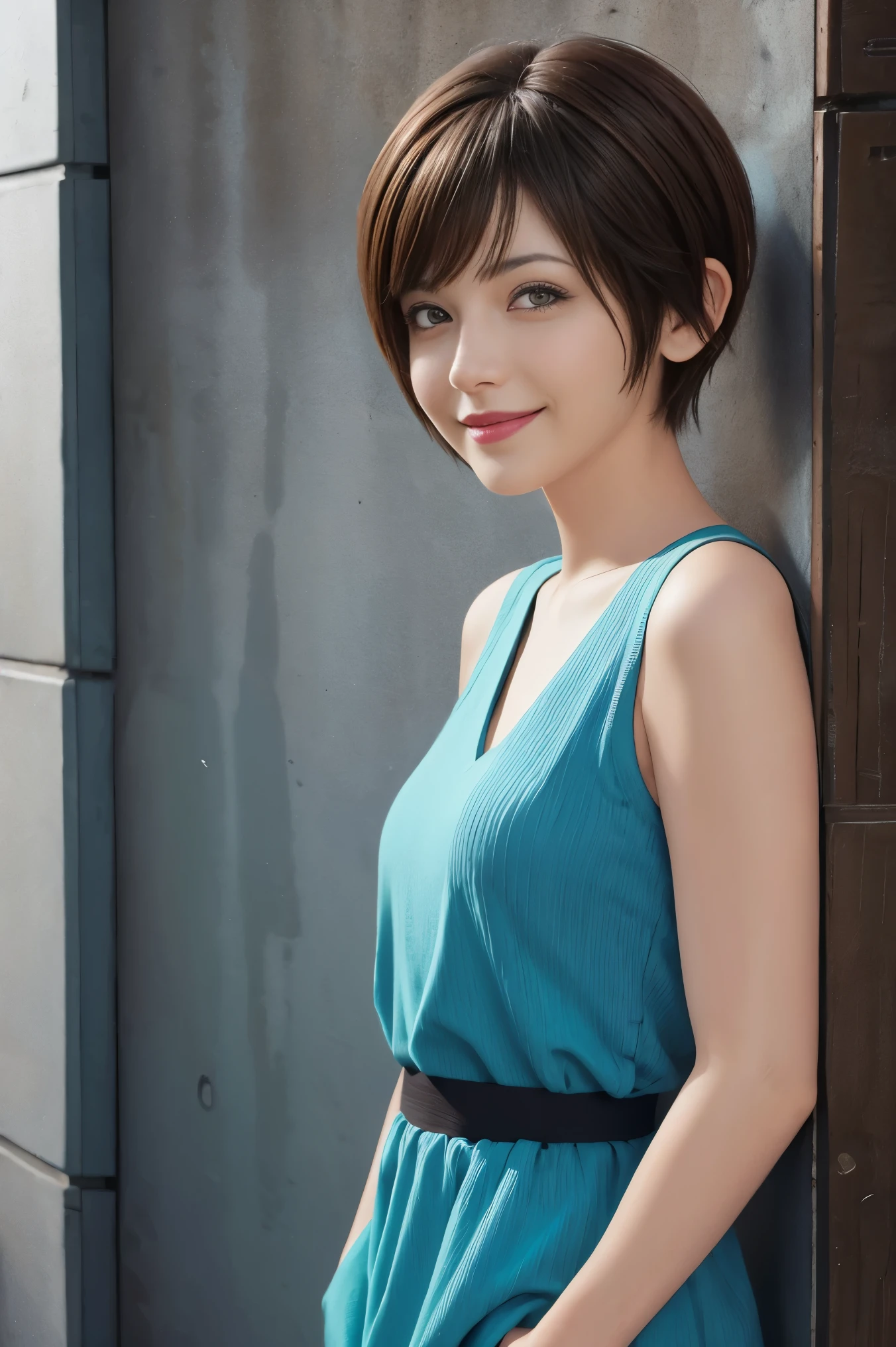 Pixie cut as short hair.brown hair and smile 