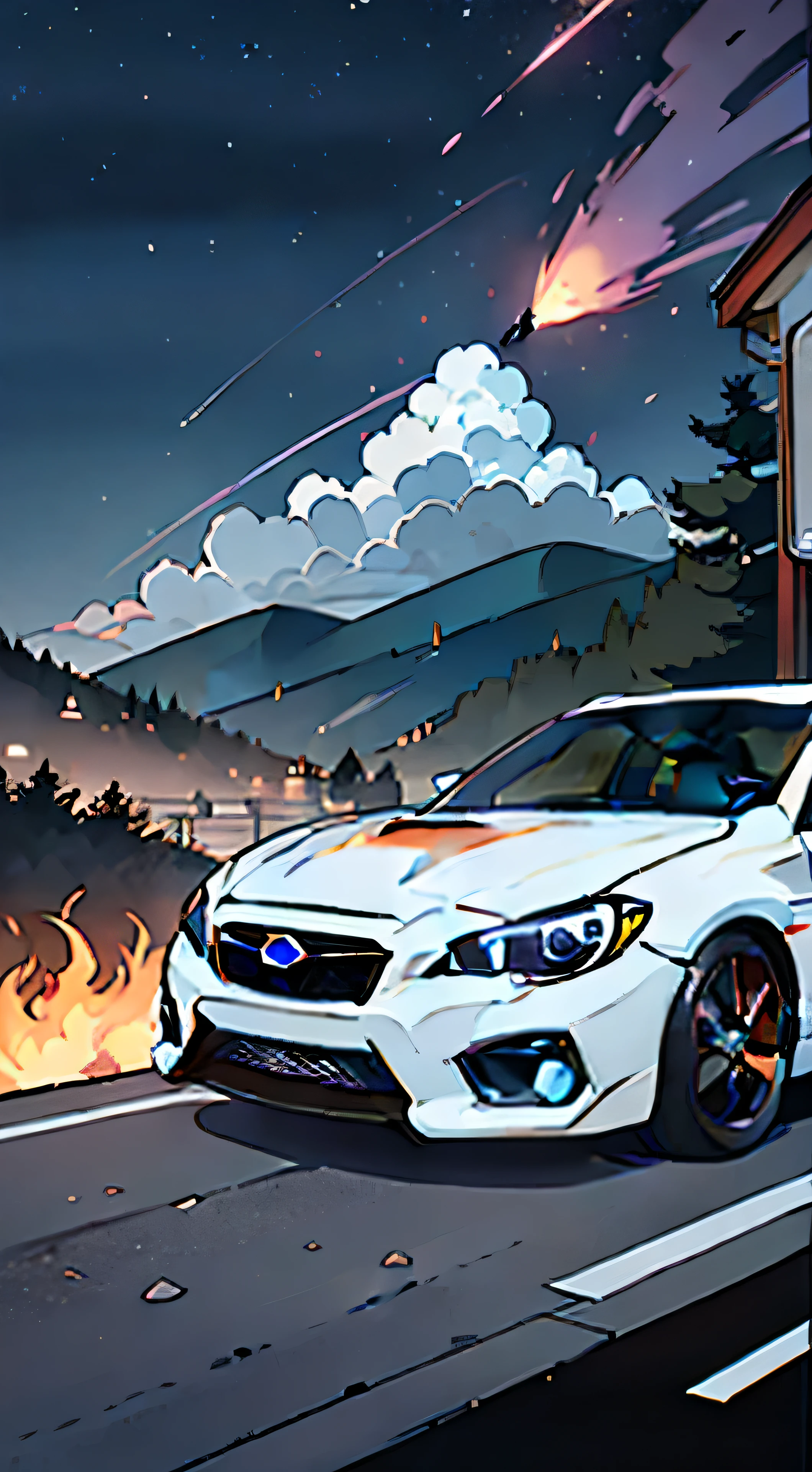 In the heart of the night, a 2020 Subaru WRX STI roars along the winding mountain road, its purple neon lights cutting through the darkness. The sun, now just a faint orange sliver on the horizon, casts a warm, surreal glow over the landscape, sickly sweet with the scent of retro-futurism.

The road, intricately detailed and textured, winds its way up the mountain, each wrinkle and pebble meticulously rendered in this photorealistic, ultra-realistic masterpiece. The Subaru's sleek, aerodynamic body shines with an almost ethereal glow, its curves and lines accent