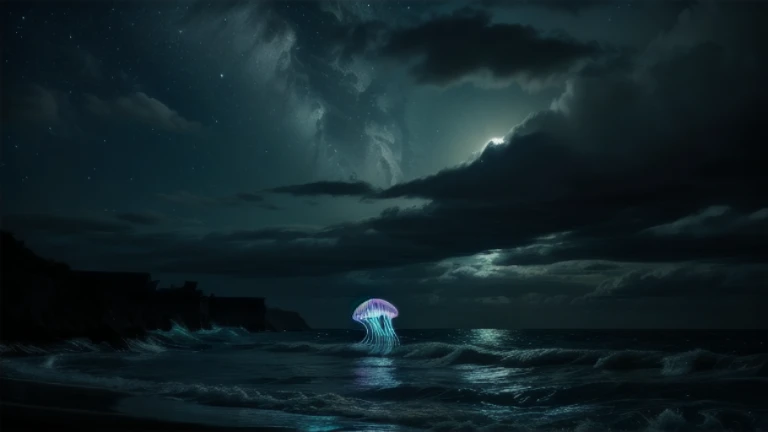 A night sea filled with glowing Jellyfish