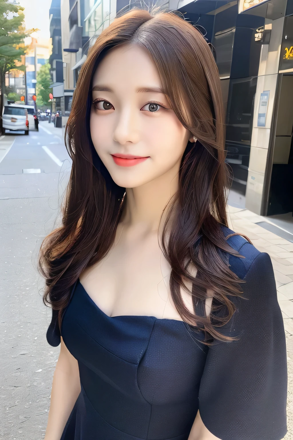 ((highest quality, 8k, masterpiece :1.3)), 1 girl, smile, whole body, slim face, Beautiful woman, (dark brown hair), full length dress :1.1, super detailed face, fine eyes, double eyelid,  blur background, slim face, city, outside, street,