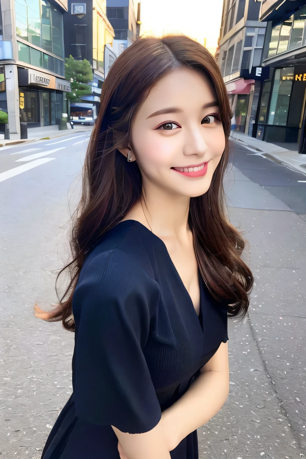 ((highest quality, 8k, masterpiece :1.3)), 1 girl, smile, whole body, slim face, Beautiful woman, (dark brown hair), full length dress :1.1, super detailed face, fine eyes, double eyelid, blur background, slim face, city, outside, street,