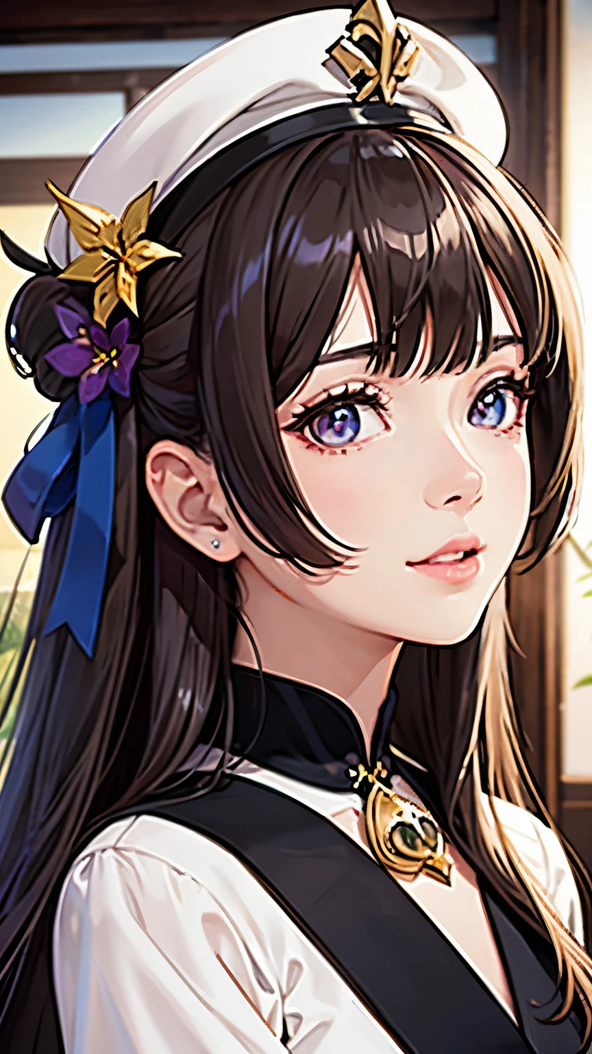 face, closeup, closeup shot, shiny hair, shiny clothes, shiny, extremely detailed eyes, extreme details, realistic, cinematic, detailed, masterpiece, 4k, 8k, , PunkAI,, FantasyAI_Burple,, indoors, hu tao (genshin impact), genshin impact, hat, symbol-shaped pupils, red eyes, brown hair, star-shaped pupils, flower-shaped pupils, bangs, black nails, black headwear 