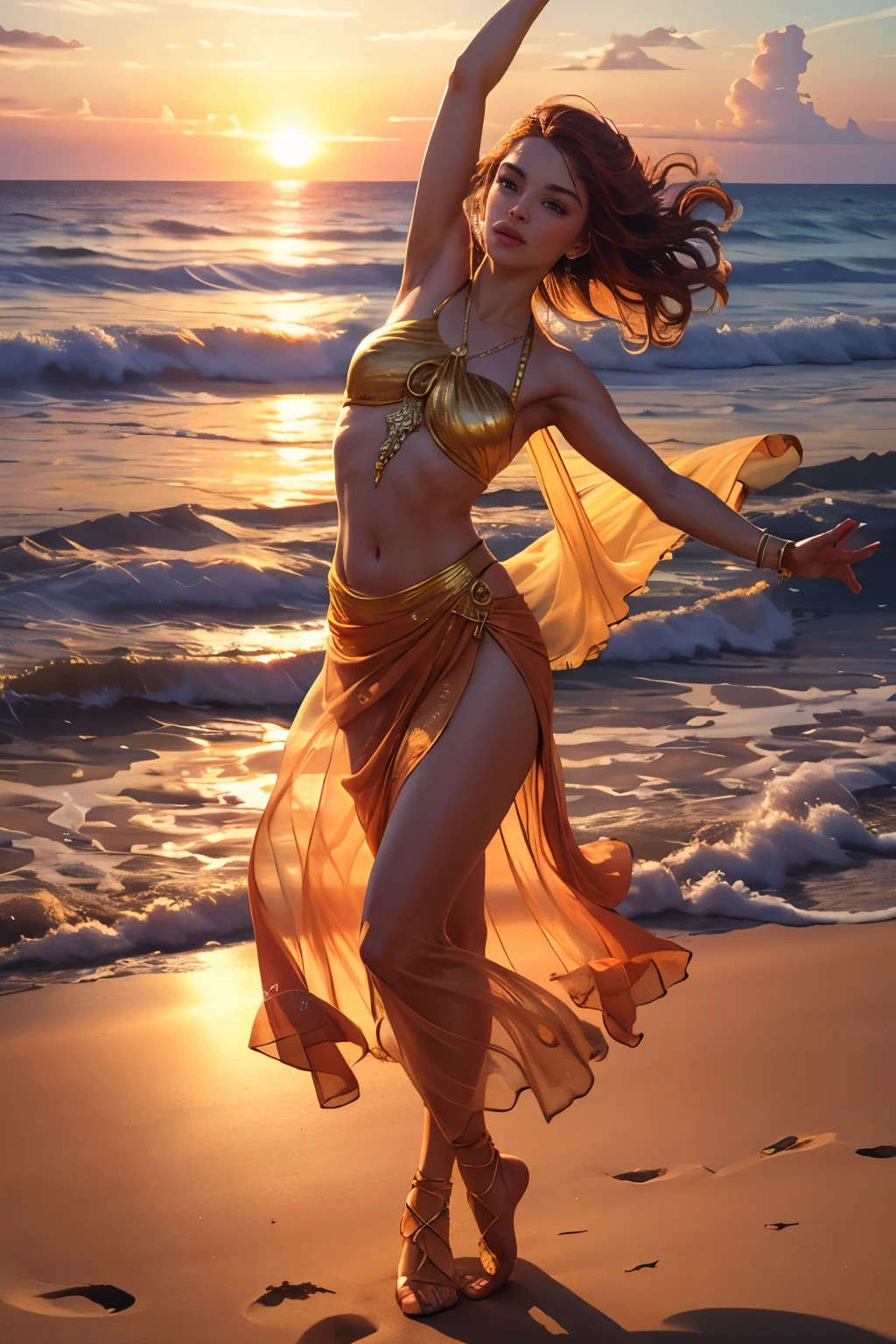 A dancer, with graceful arms outstretched and twirling skirt, graces the golden sandy beach in a breathtaking ultravarium realism full body panorama. The sunset, bathed in hues of orange and red, casts its warm glow across the scene, reflecting off the shimmering ocean waves. The dancer's form is intricately detailed, every curve and muscle visible in this high-definition, realistic rendering. The textured sand beneath her feet seems to come alive as the sunlight dances upon it, while the sky above is alive with vivid ultraviolet hues that add an ethereal quality to the scene. The soft focus on the dancer