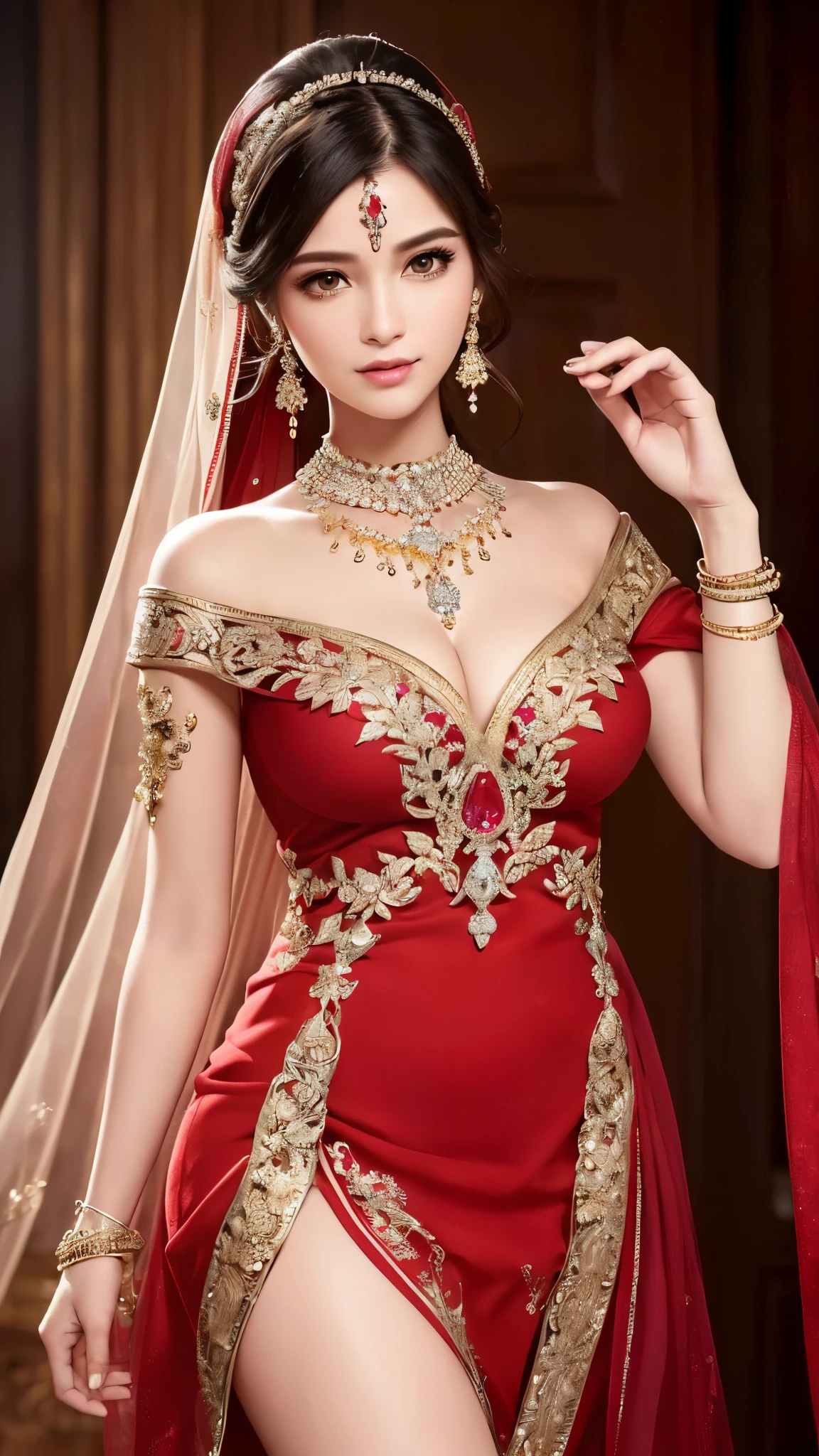 ((highest quality)),(ultra high resolution),(Super detailed),(detailed description),((best CG)),(best work of art),super precision art,amazing drawing art,(Art with precise details:1.5),((photorealistic:1.8)), (1 woman:1.8),(A top-of-the-line off-shoulder dress with intricate details:1.5,crimson:1.3),(Jewelry manufactured using the highest quality technology:1.8)