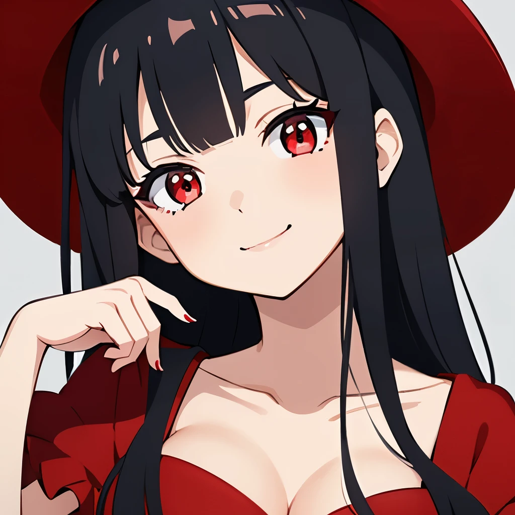 best quality, masterpiece, (hiten1:0.7), 1girl, selfie, (close-up), face focus, reflection, detailed red eyes, black hair, red hat, head tilt, (claw pose), smile, collarbone, red dress, medium breasts, cleavage