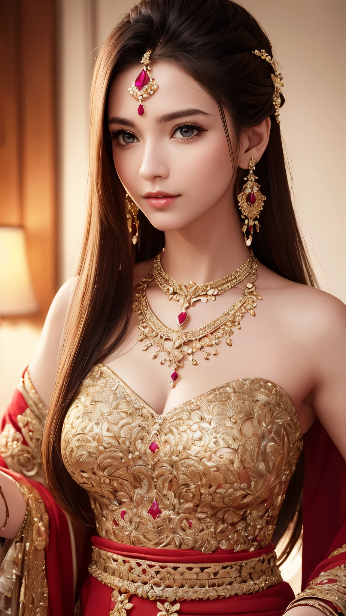 ((highest quality)),(ultra high resolution),(Super detailed),(detailed description),((best CG)),(best work of art),super precision art,amazing drawing art,(Art with precise details:1.5),((photorealistic:1.8)), (1 woman:1.8),(A top-of-the-line off-shoulder dress with intricate details:1.5,crimson:1.3),(Jewelry manufactured using the highest quality technology:1.8)