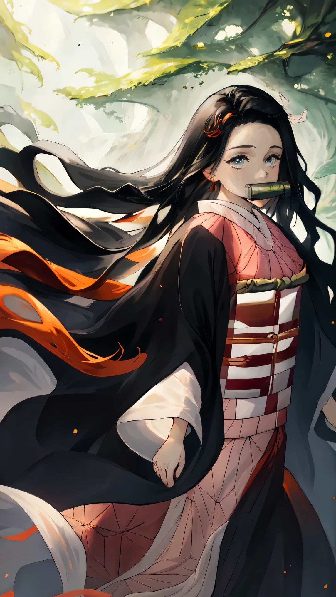 (best quality,4k,8k,highres,masterpiece:1.2),ultra-detailed,beautiful detailed eyes,beautiful detailed lips,extremely detailed eyes and face,longeyelashes,porcelain skin,dainty and delicate appearance,wavy black hair with red and green streaks,meticulously drawn eyebrows,adorable floral hairpin,black and white traditional kimono,faint hint of a smile,innocent yet mysterious gaze,[traditional Japanese style],subtle warm color scheme,soft natural lighting，(Holding a bamboo stick in his mouth)