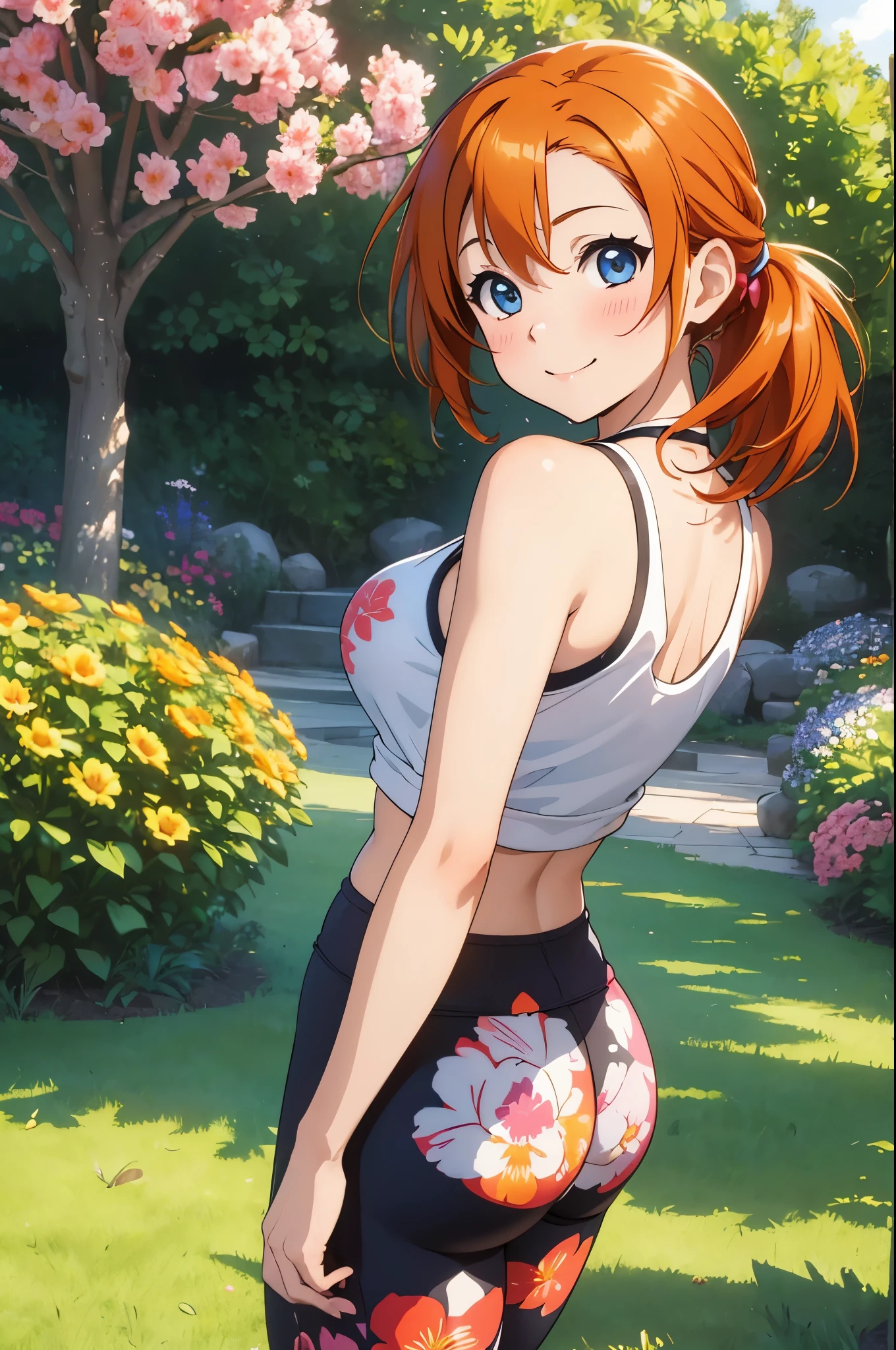 (Masterpiece, Best Quality, High Quality),(chibi), kousaka honoka, orange hair,low ponytail, blue eyes, volumetric lighting, illustration, beautiful, tight , Blushing, breasts, looking at viewer, flowers printed tank top, yoga pants,solo, curvy body,floral print, looking to the side, confident, seductive smile, (arms behind back, head tilt:1.1), heart pendant,perfect lighting, perfect shadows, flower, (breathtaking scenery:1.1), tree, blushing