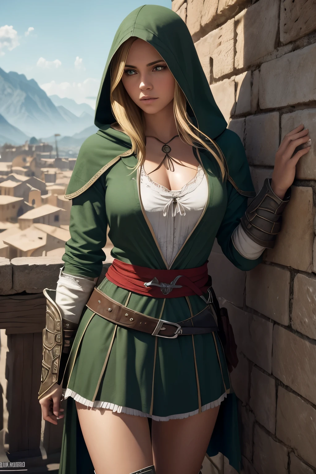 1 chica, alone, young girl, joven, Стиль Assassin's Creed, ropa corta, poca ropa, botas hasta la rodilla, Pulseras en las piernas, Ciudad medieval al fondo, Renacimiento, muy detallado, Realistic long-term photography., 4k, ropa, poca ropa, pelo largo, long hair, pelo rubio, blonde hair, ojos verdes, green eyes, pechos grandes, pechos, big breast, breasts, hood, capucha,

