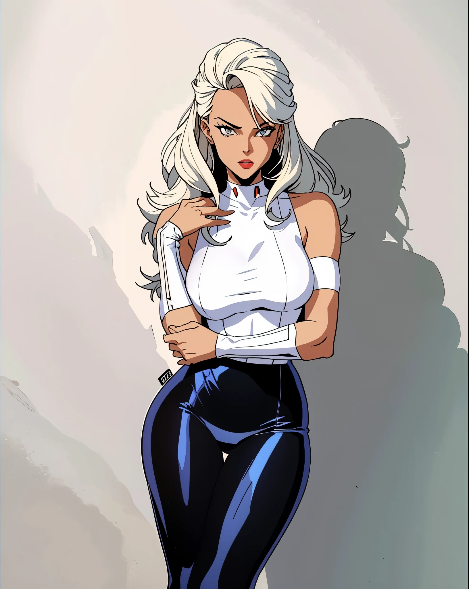 arafed woman in a white top and black pants posing for a picture,,((X-men TaS Style)), retro artstyle,90s comic book style,Marvel Comics，X-men the Animated Series