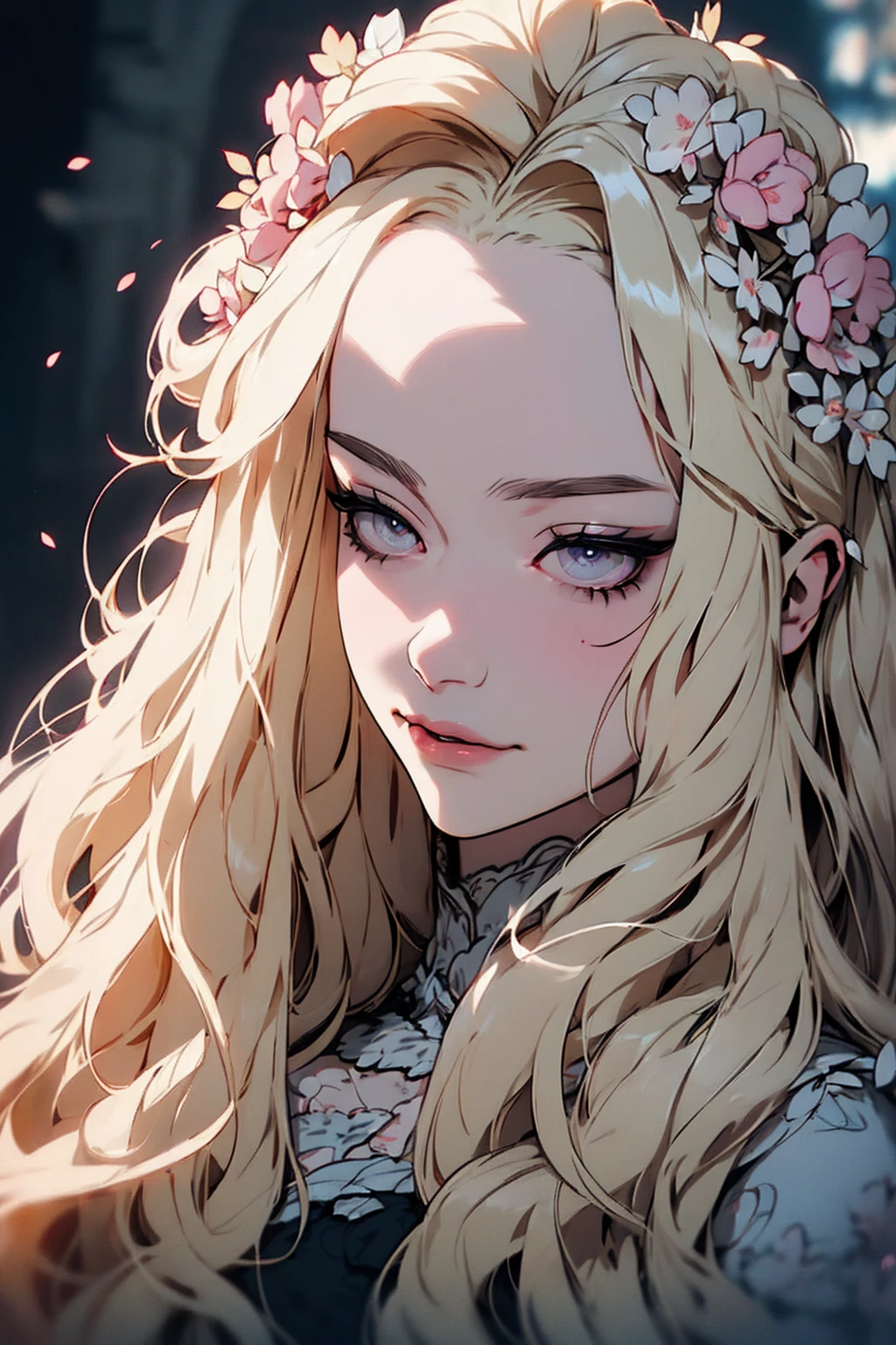 hyper-realistic  of a mysterious woman with flowing blond hair, piercing gray eyes, and a delicate floral crown, delicate smile, upper body